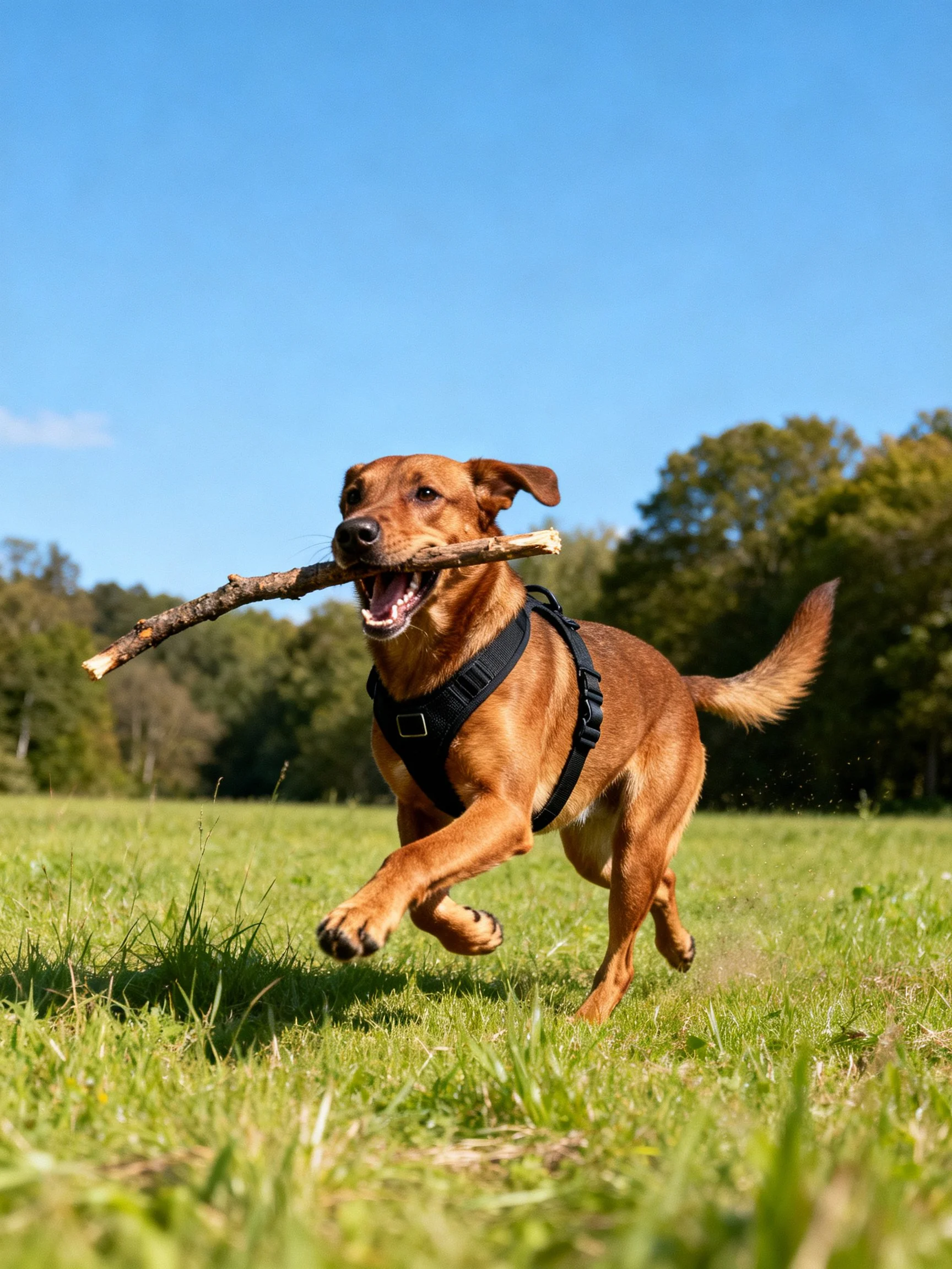 A brown dog runs with a stick in a sunny meadow