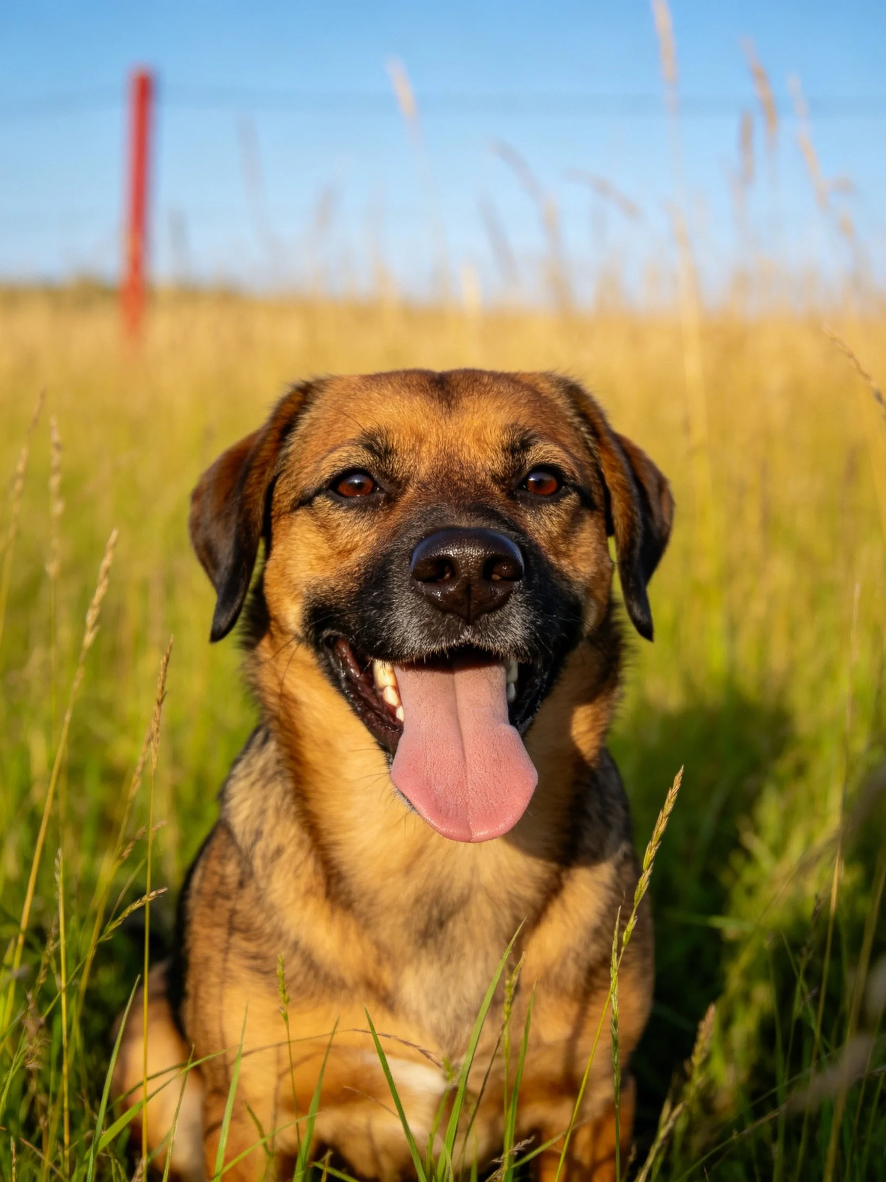 A brown dog sits contentedly among tall grass in a sunlit field.