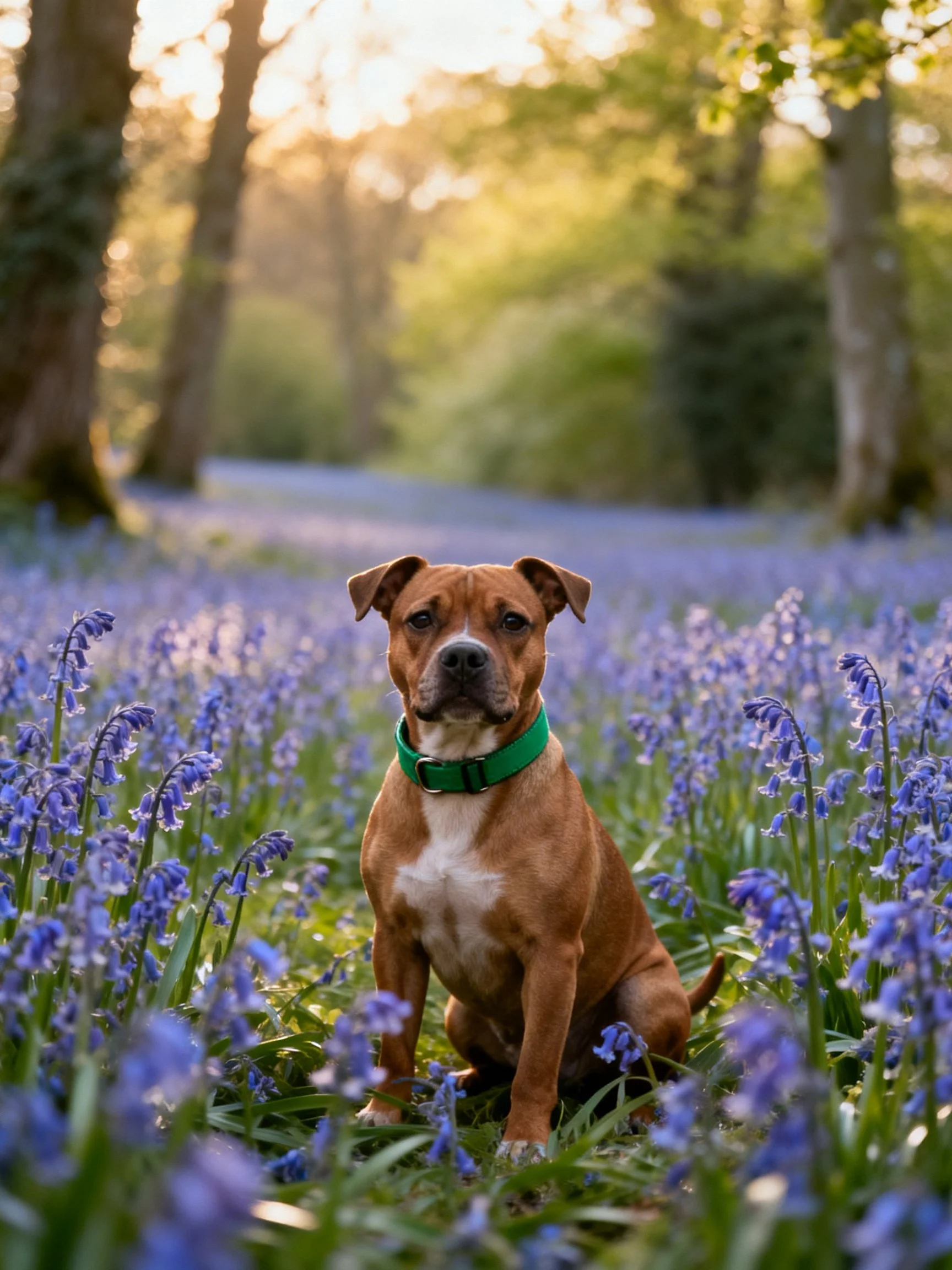 A brown dog sits among bluebell flowers in a sun-dappled woodland.