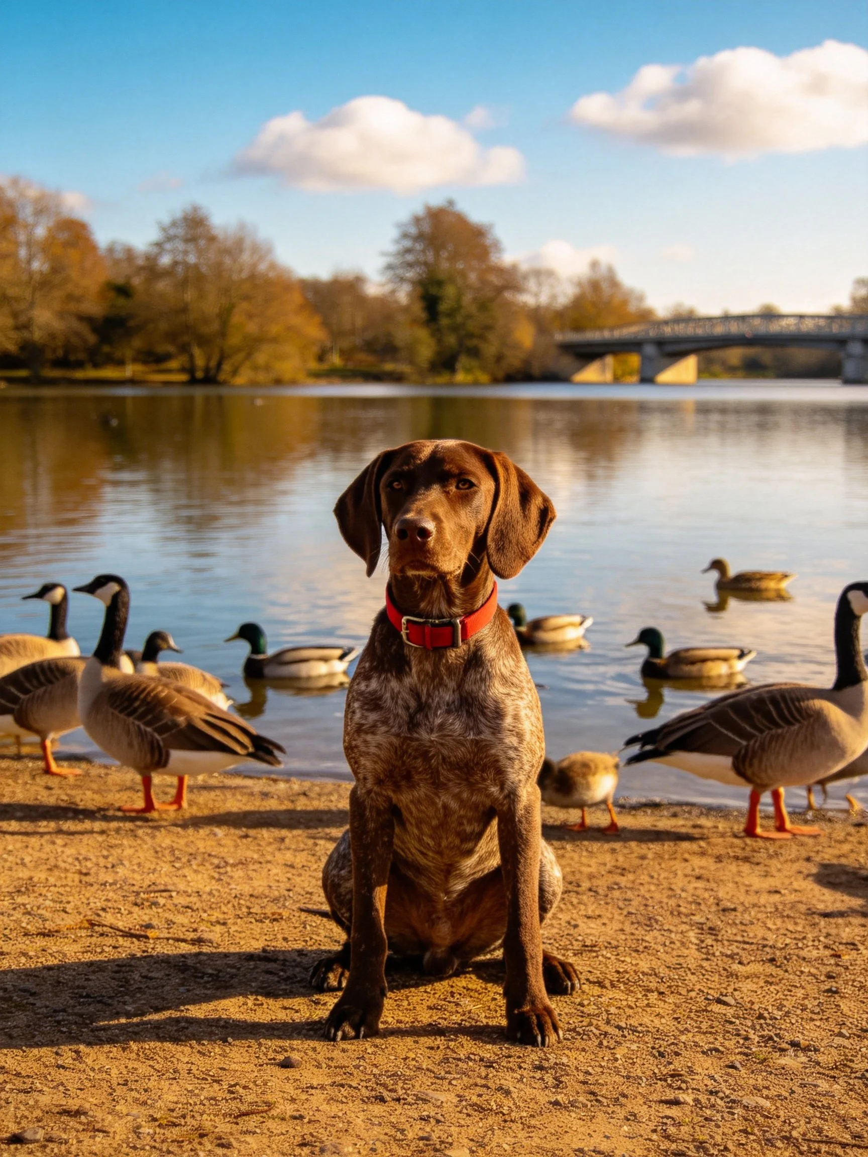 A brown dog sits calmly by a serene lake with surrounding waterfowl.