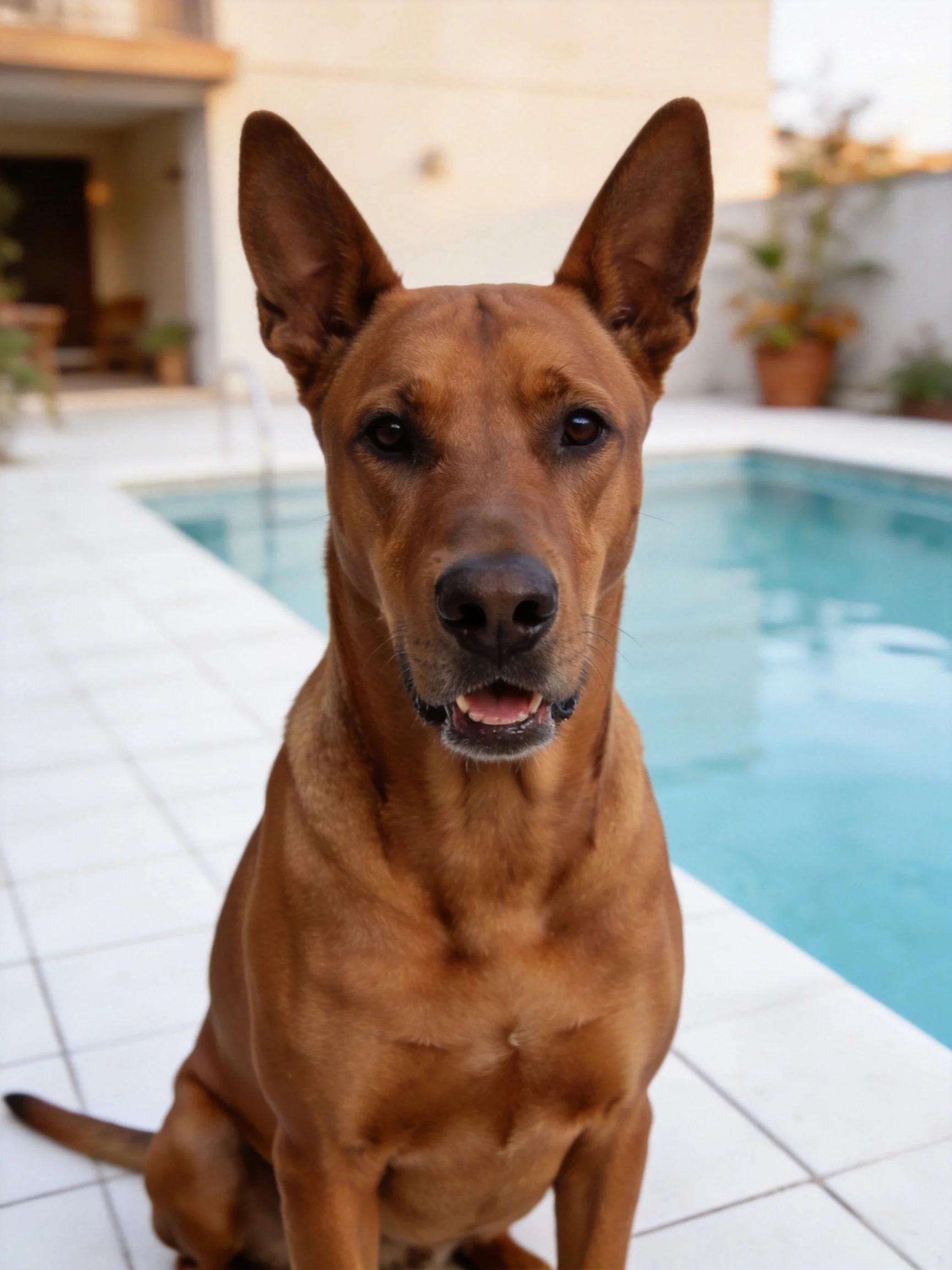 A brown dog sits by a swimming pool with upright ears.