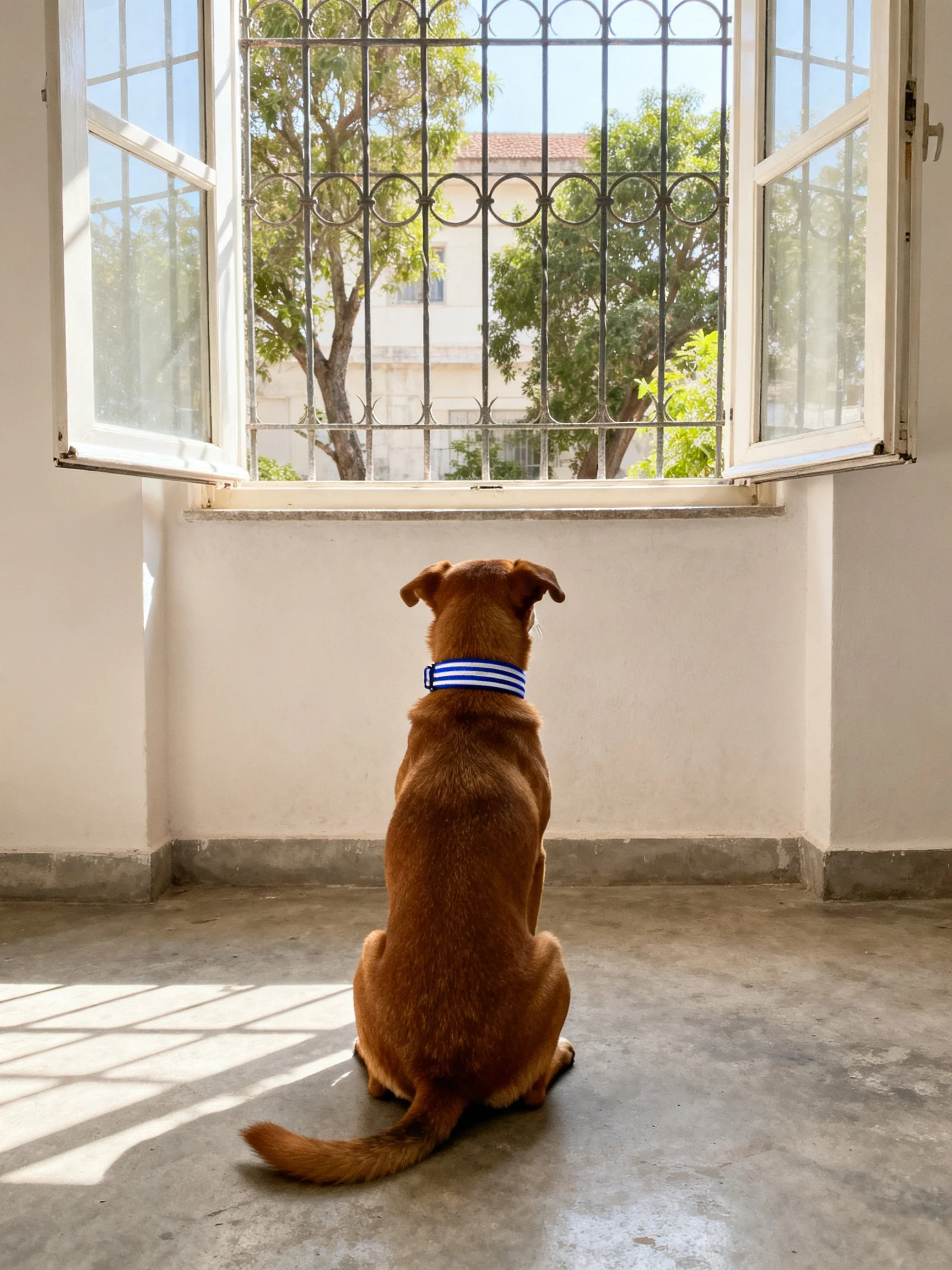 A brown dog sits by an open window with iron bars