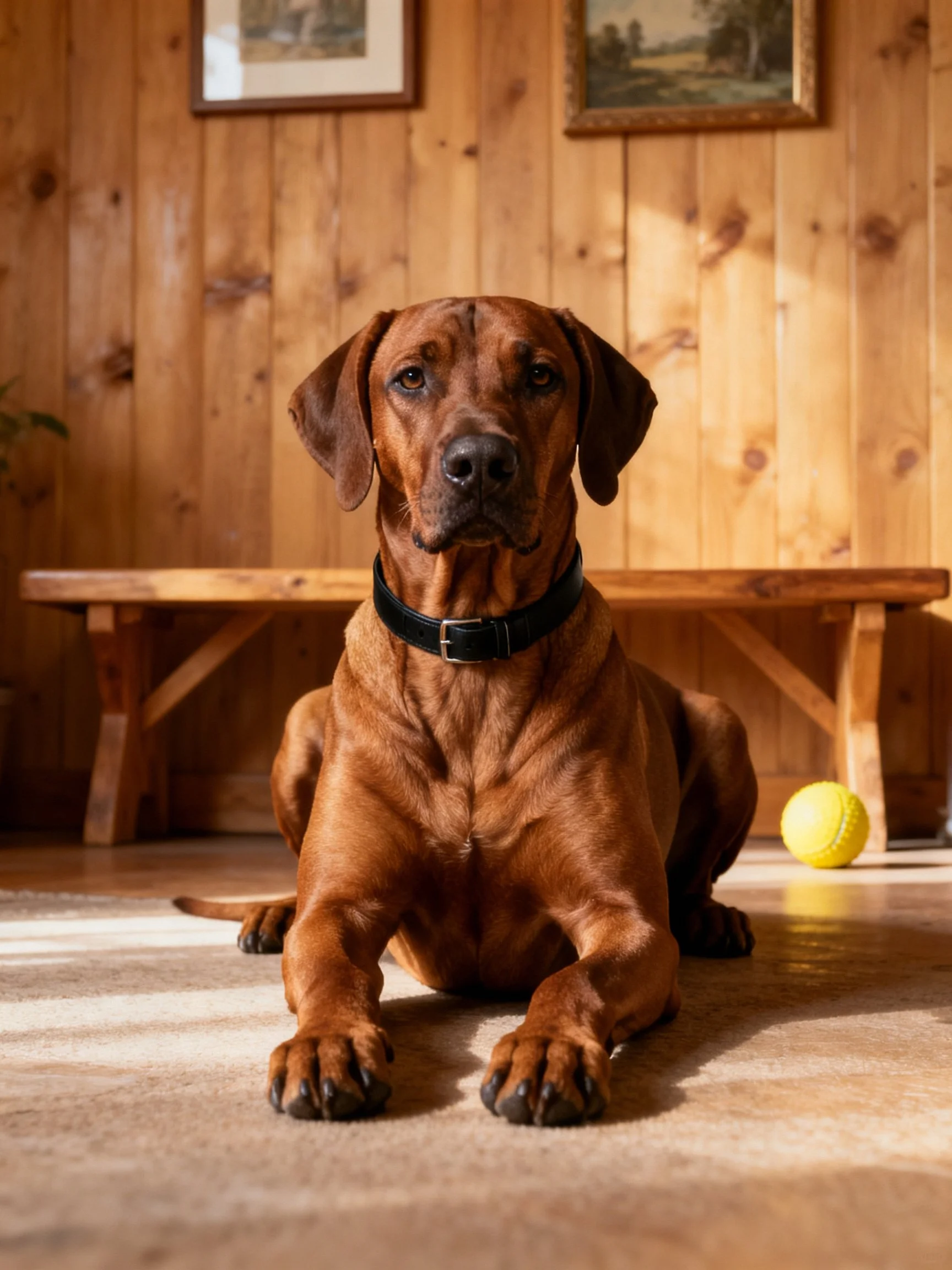 A brown dog sits calmly beside a yellow ball in a wooden room.