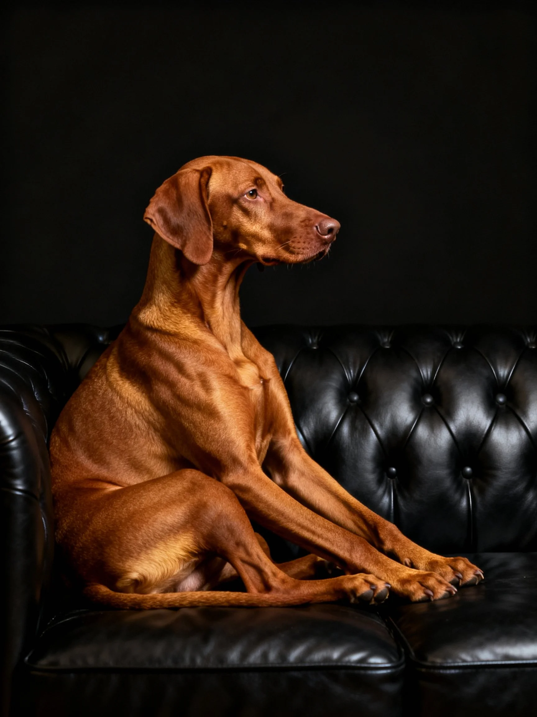 A brown dog sits gracefully on a tufted black leather sofa