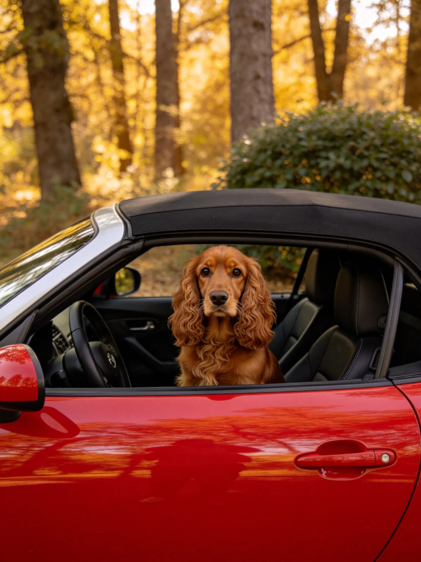 A brown dog sits in a bright red convertible near golden woods.