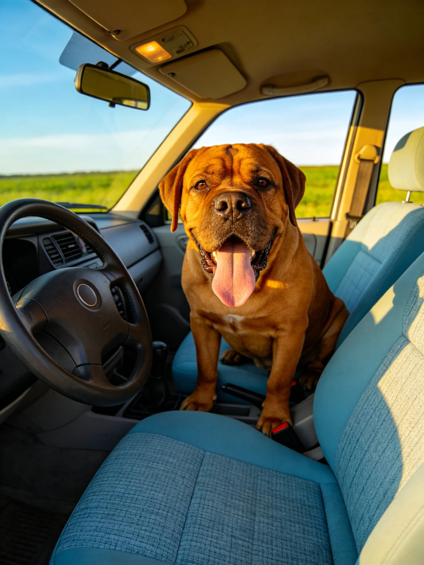 A brown dog sits in a car with blue seats under sunny skies
