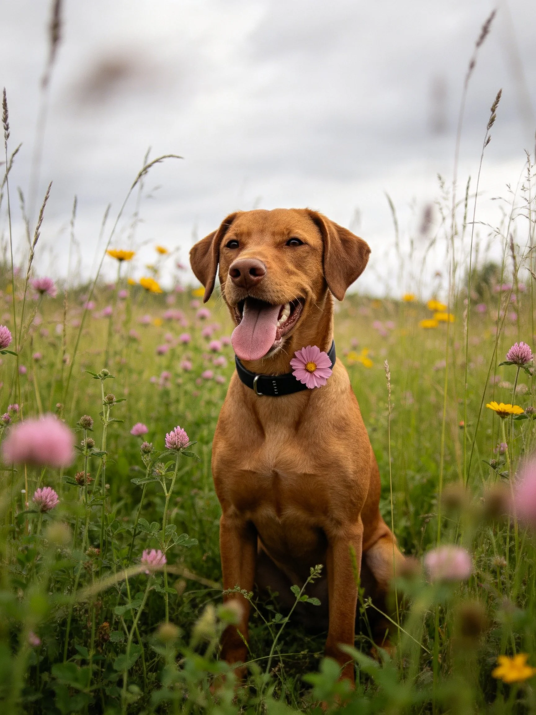 A brown dog enjoys a peaceful moment amid tall grass and vibrant wildflowers.