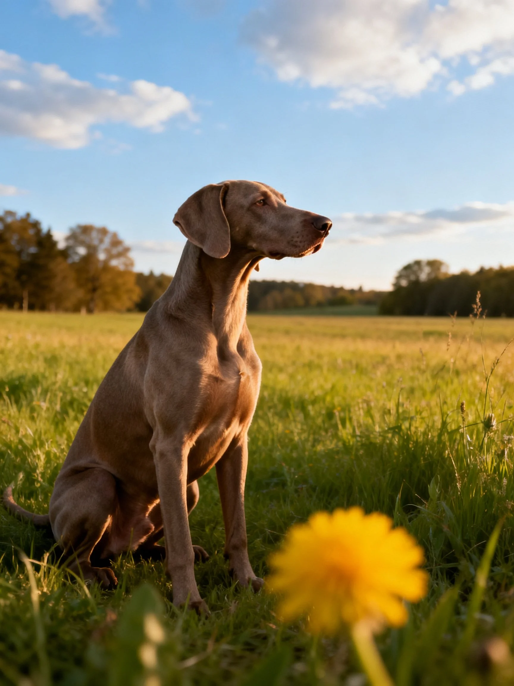 A brown dog sits calmly in a sunlit meadow with a yellow flower nearby.