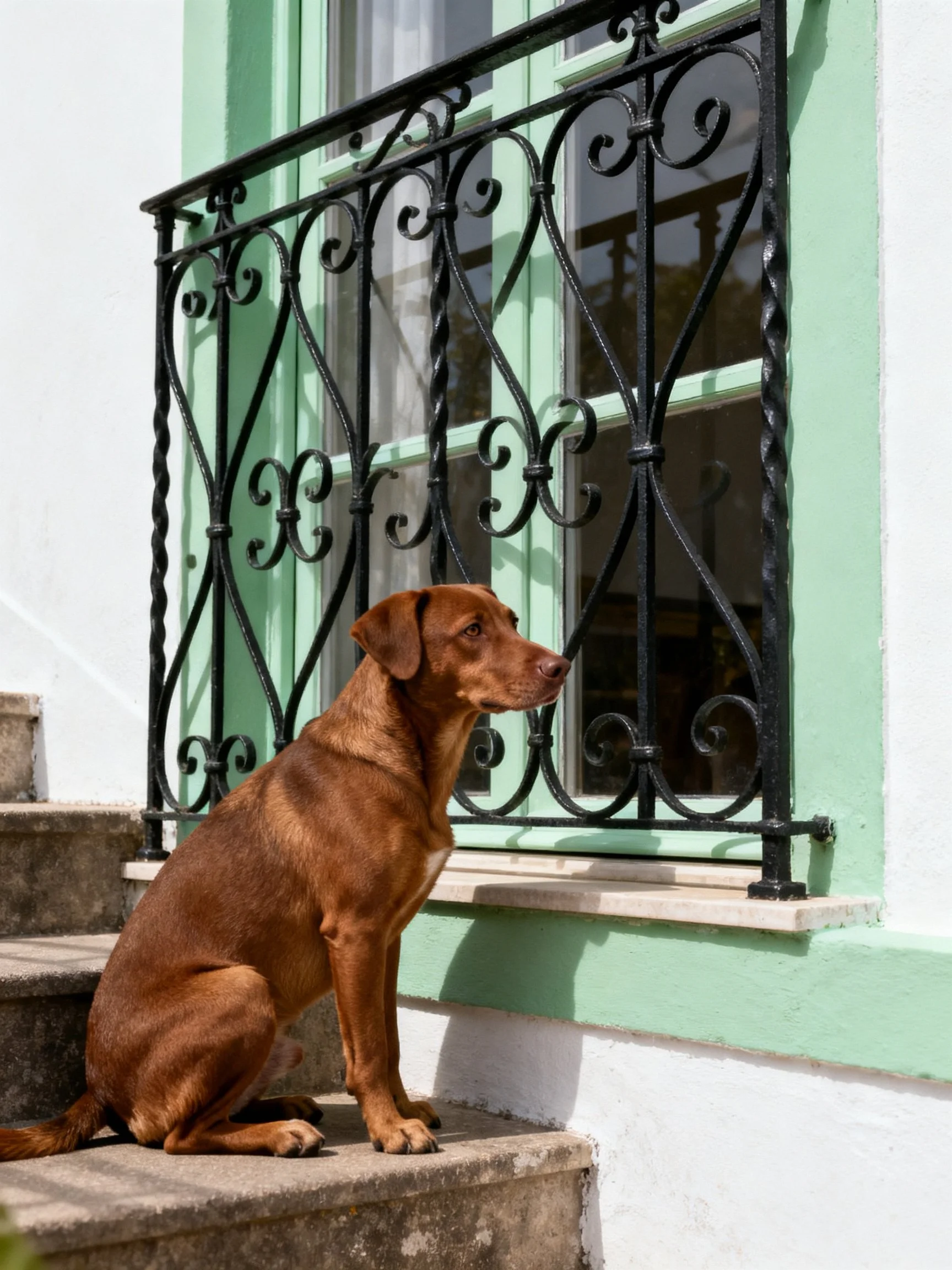 A brown dog rests on stone steps beside a mint-hued window with decorative black railings.