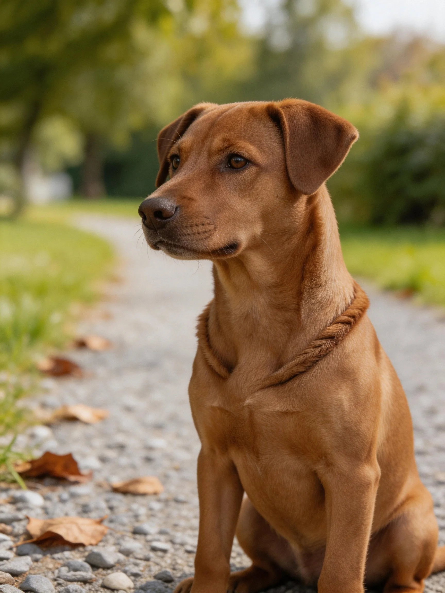 A brown dog sits on a gravel path with scattered autumn leaves