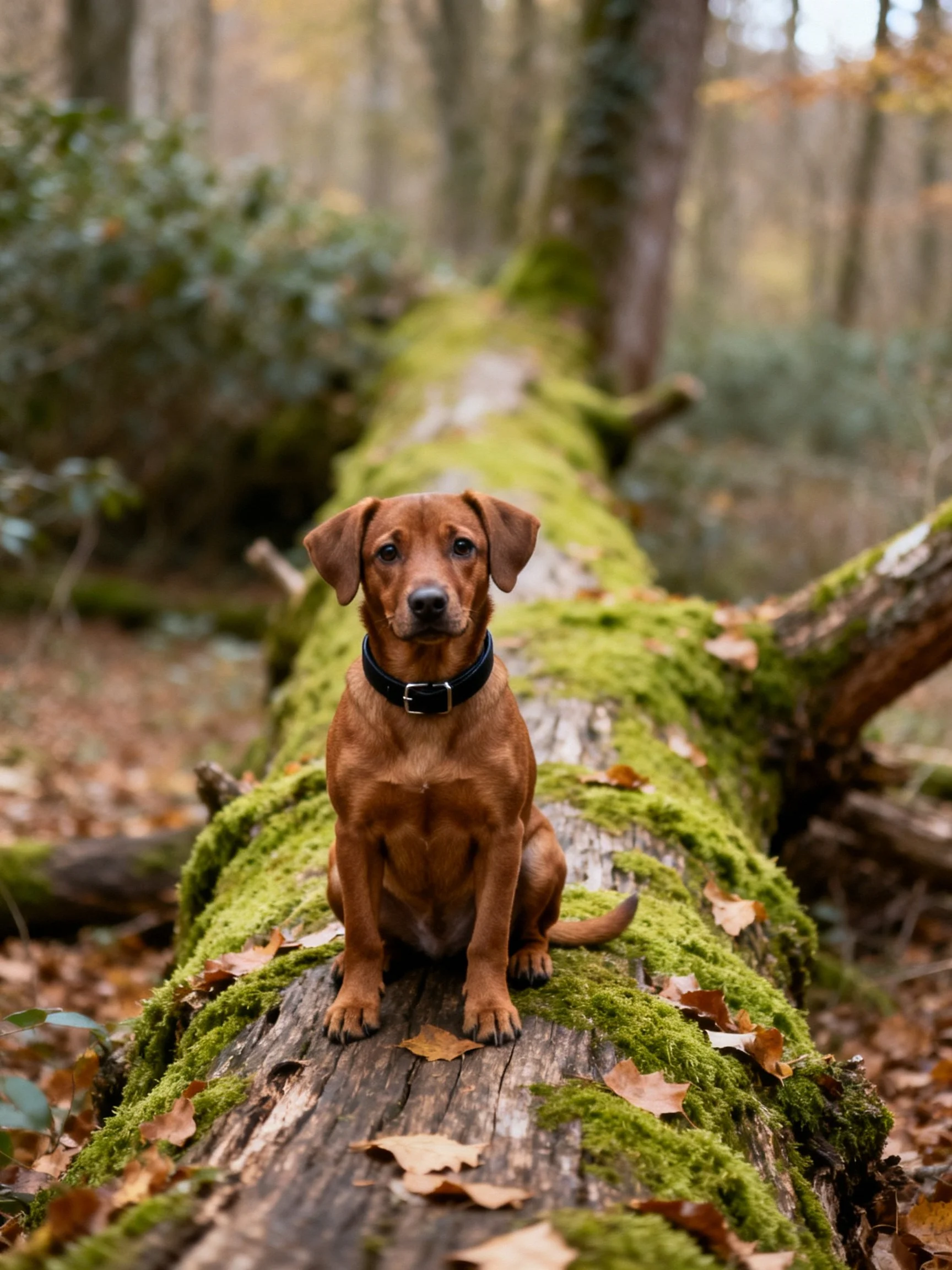 A brown dog sits calmly on a mossy fallen tree trunk in a peaceful autumn woodland.