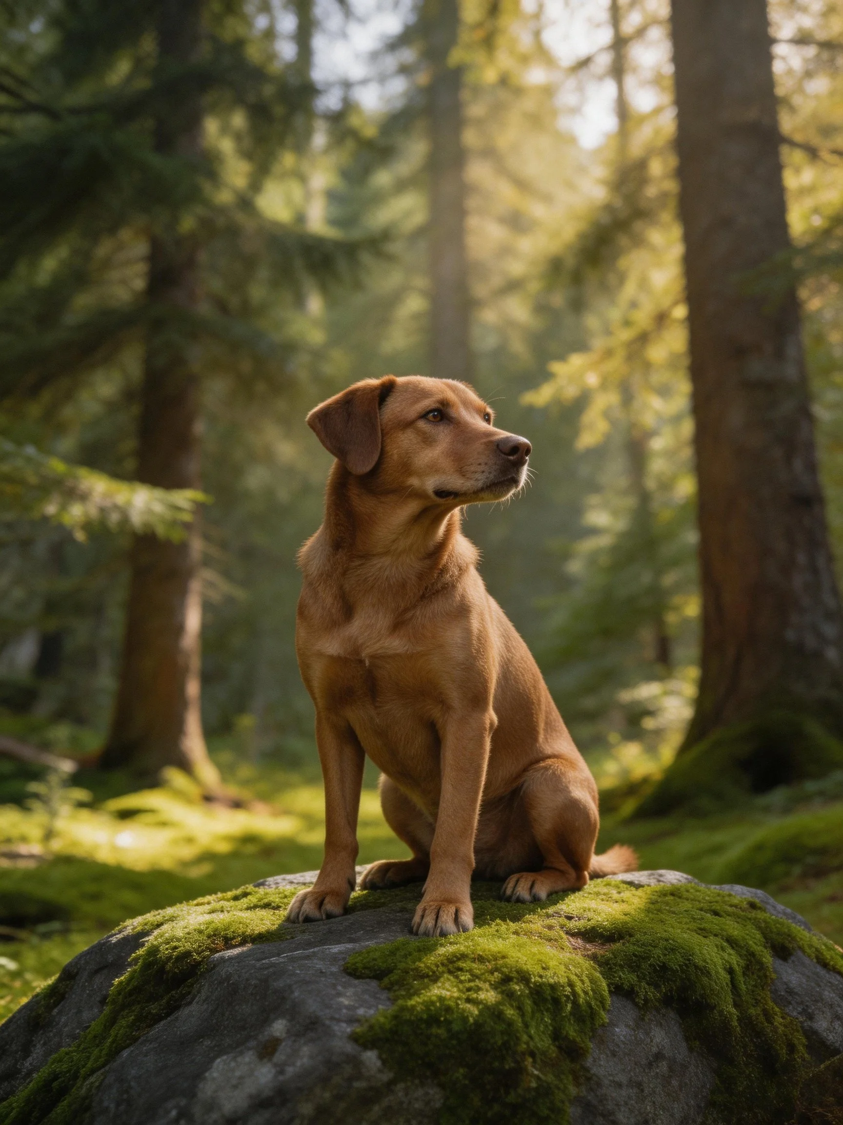 A brown dog rests on a mossy rock among tall trees in a sun-dappled forest.