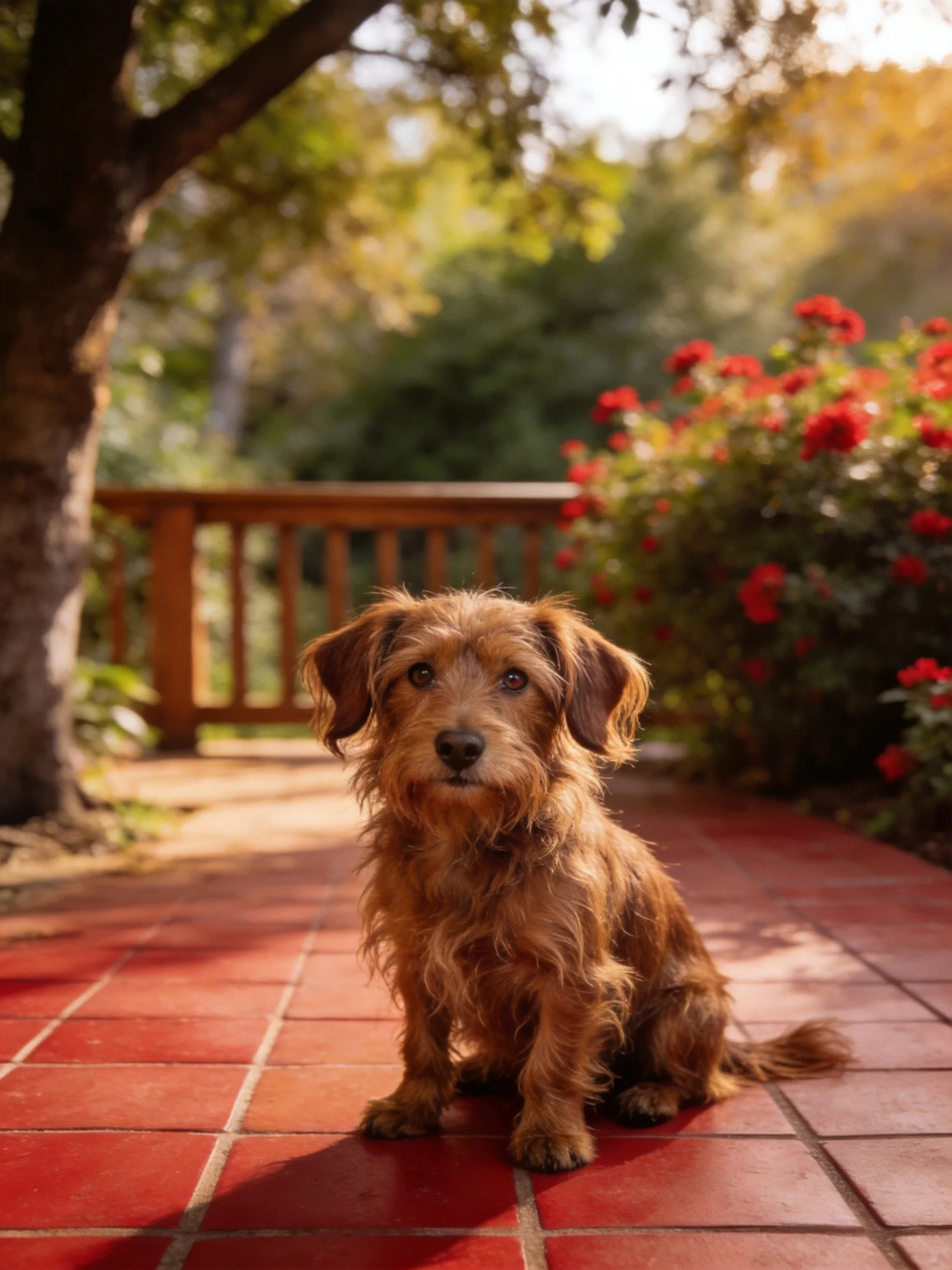 A brown dog sits on a red tiled patio near vibrant flowers