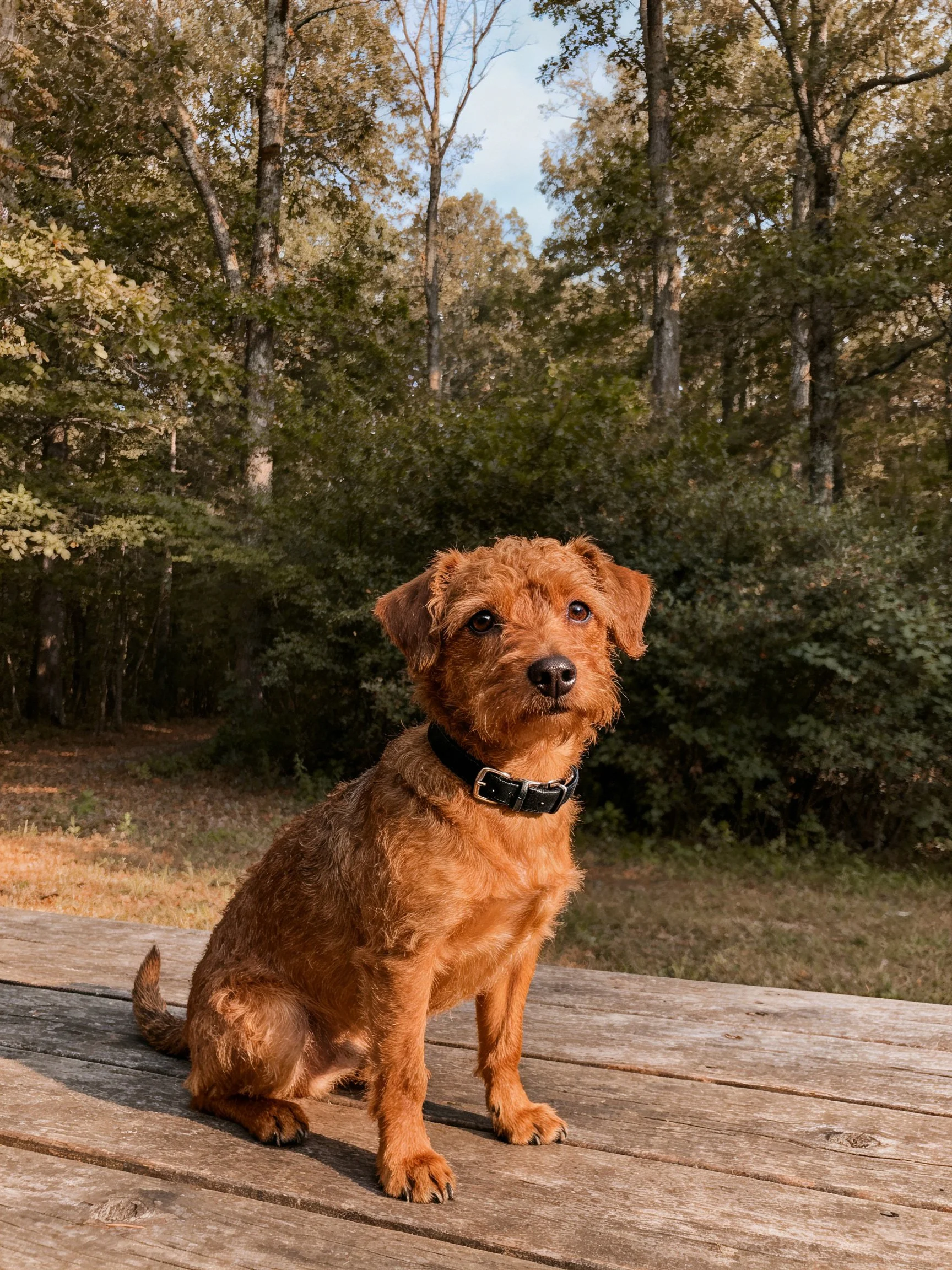 A brown dog sits on a wooden platform surrounded by trees.