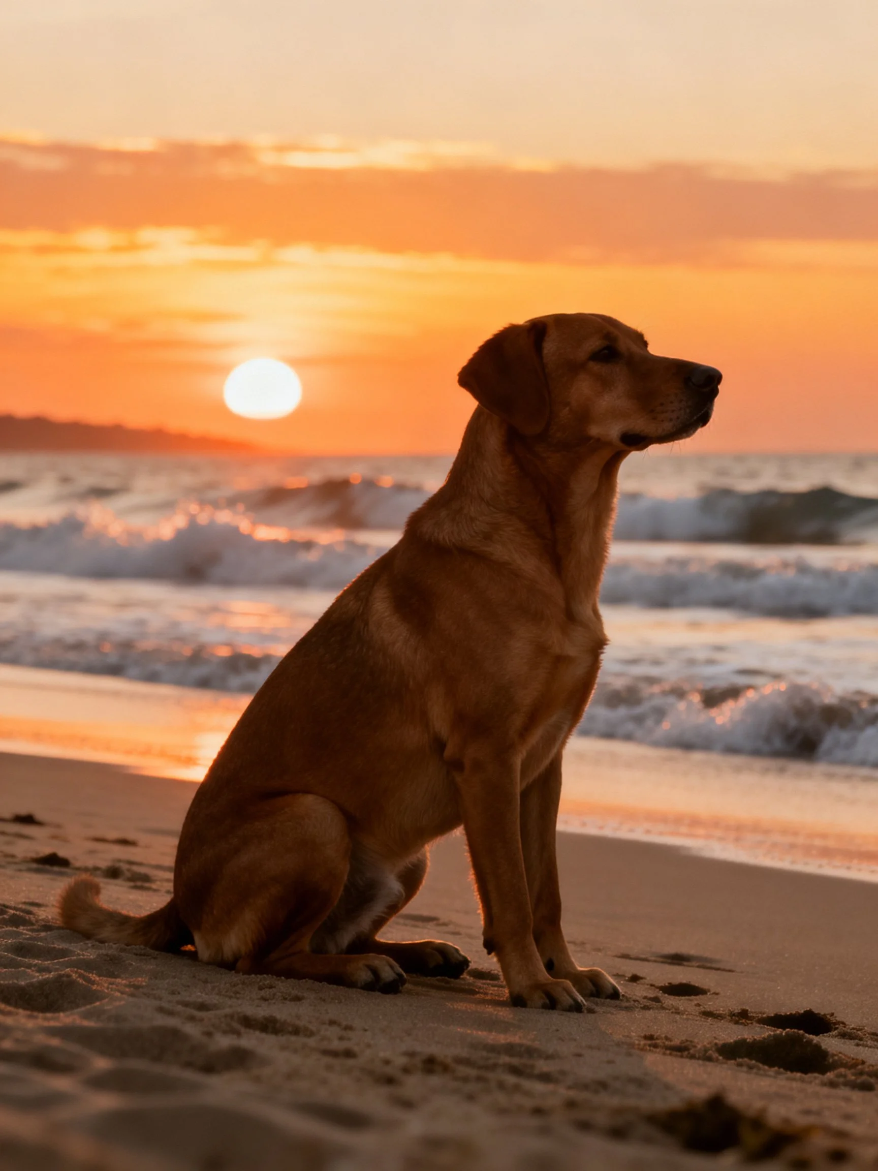 A brown dog sits on sandy beach during vibrant sunset