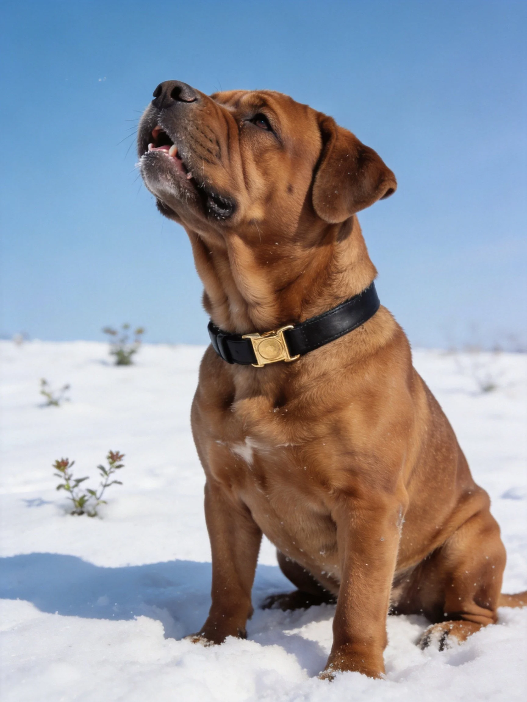A brown dog calmly sits on the snowy ground.