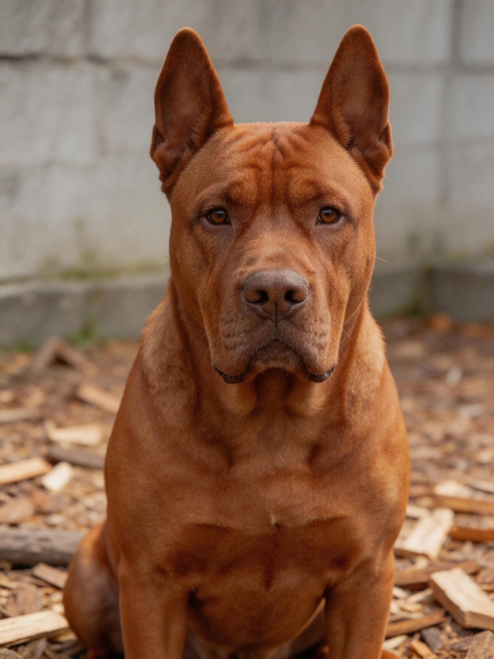 A brown dog sits on wood chips near a gray concrete wall