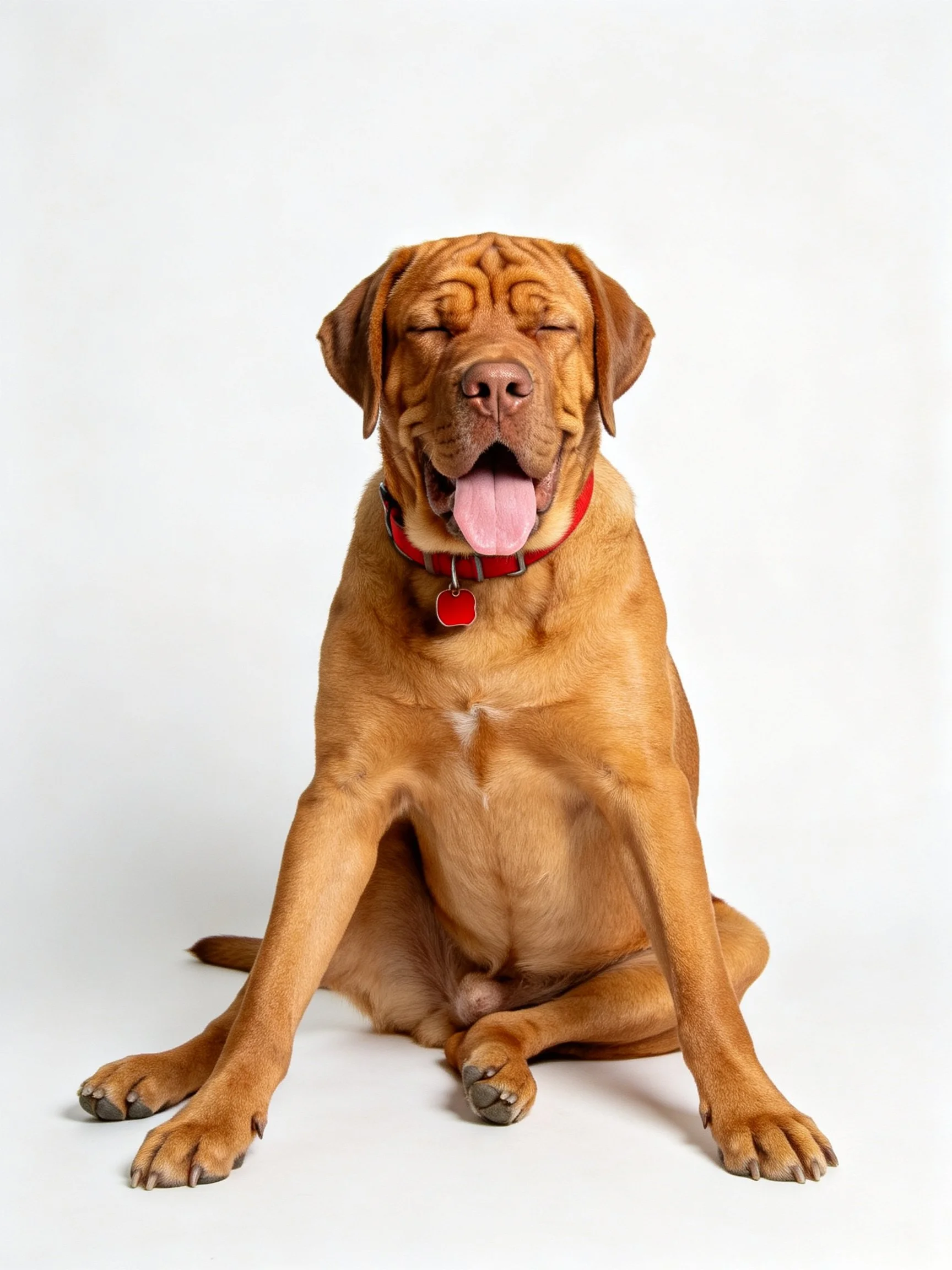 A brown dog sits relaxed with closed eyes and red collar