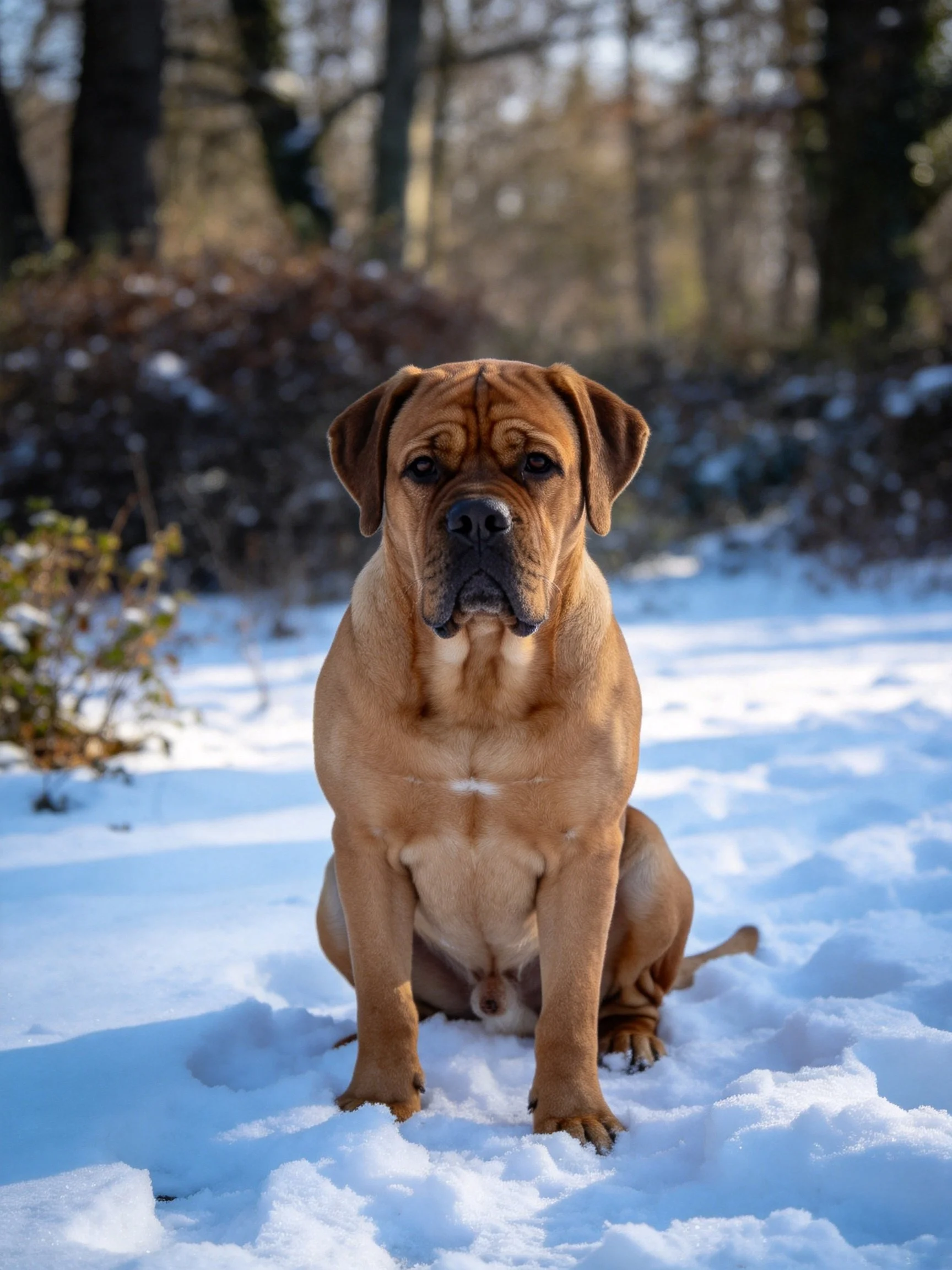 A brown dog sits serenely on snow-laden ground amid trees