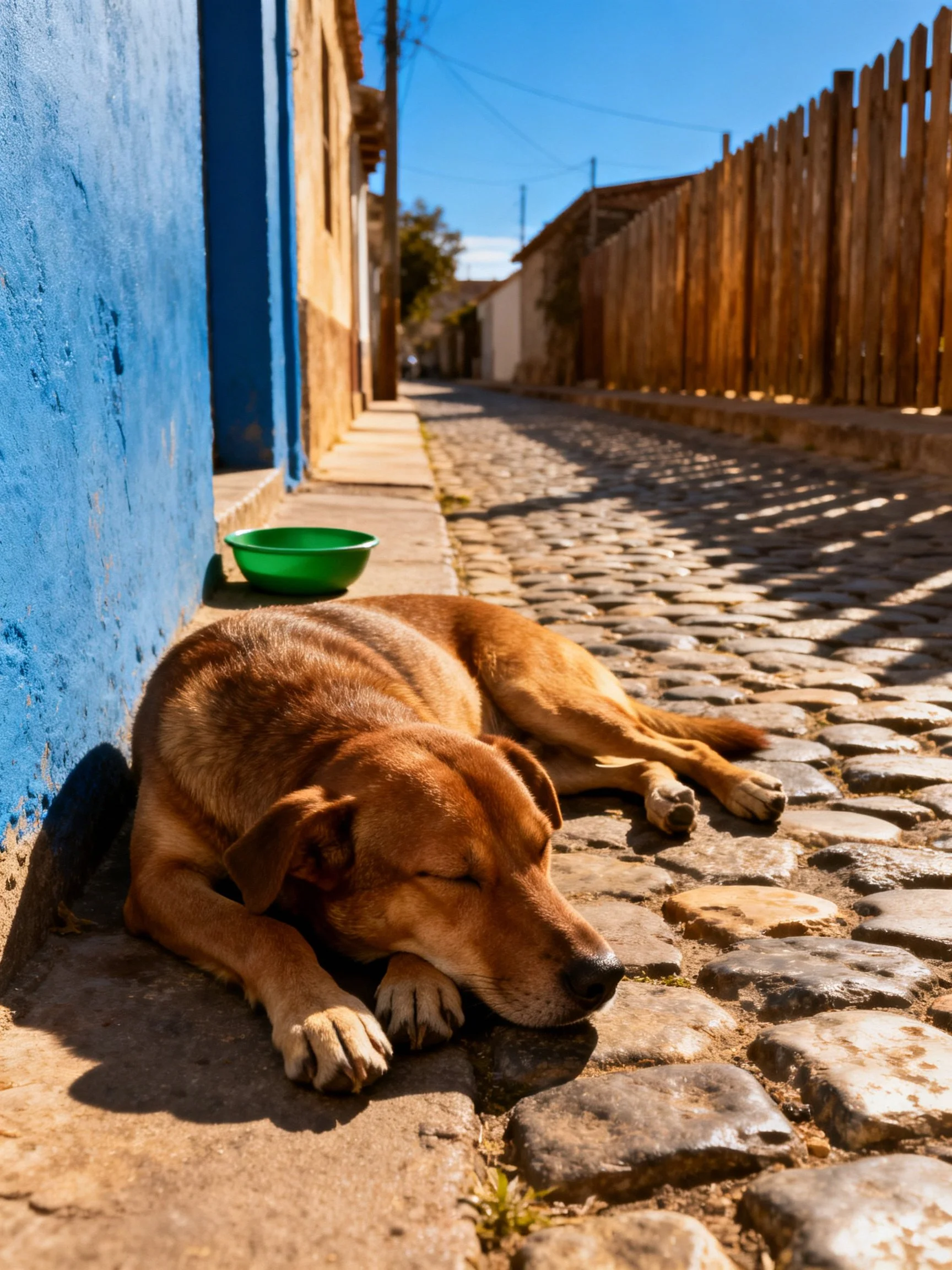 A brown dog sleeps near a blue wall on cobblestone street with a green bowl