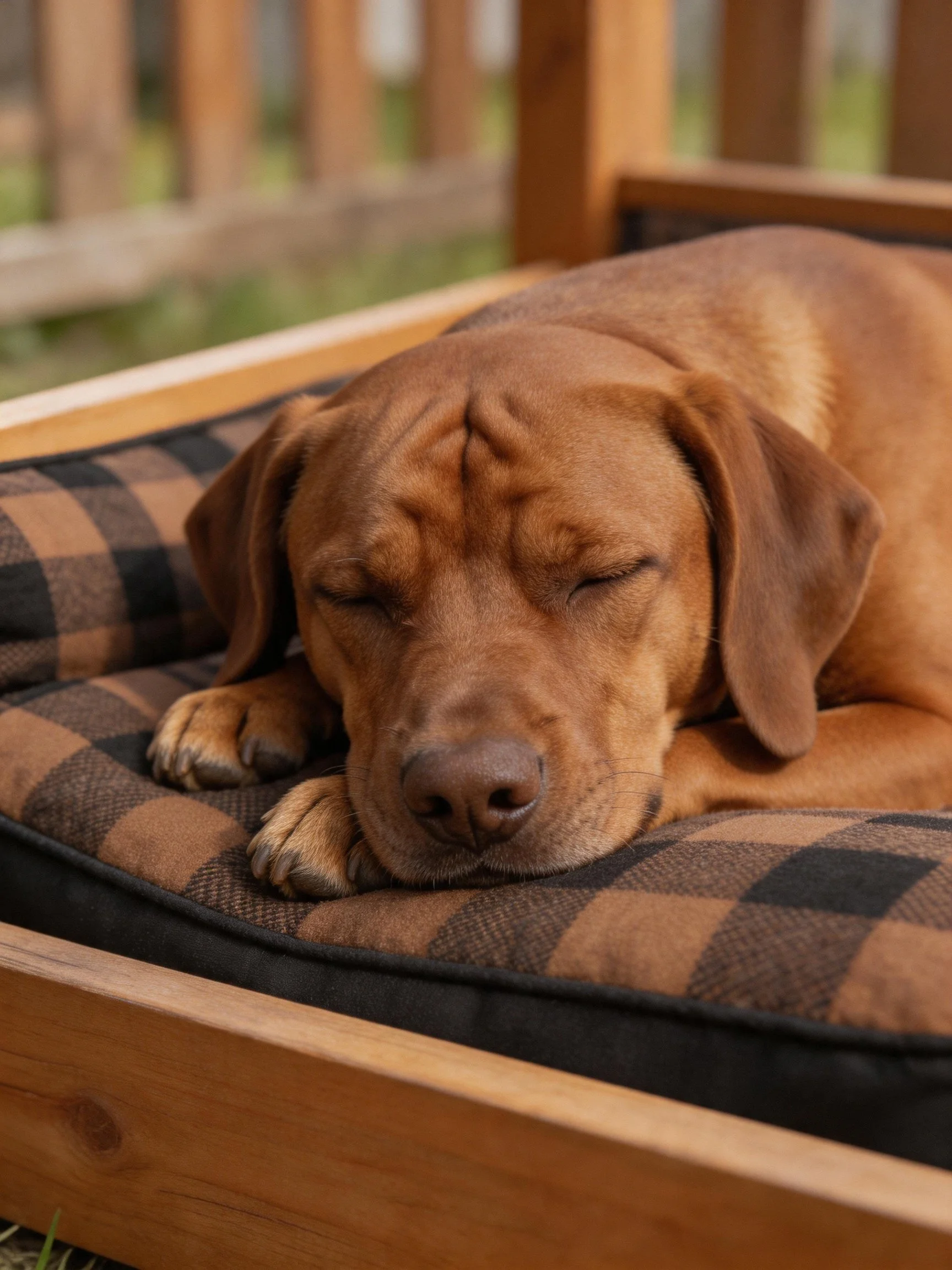A brown dog sleeps on a checkered cushion in a wooden bed
