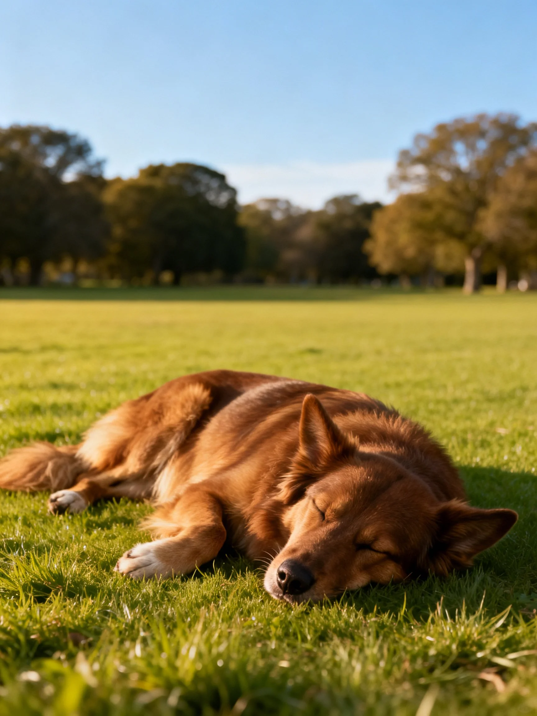 A brown dog rests peacefully on green grass in an open park with trees in the distance.
