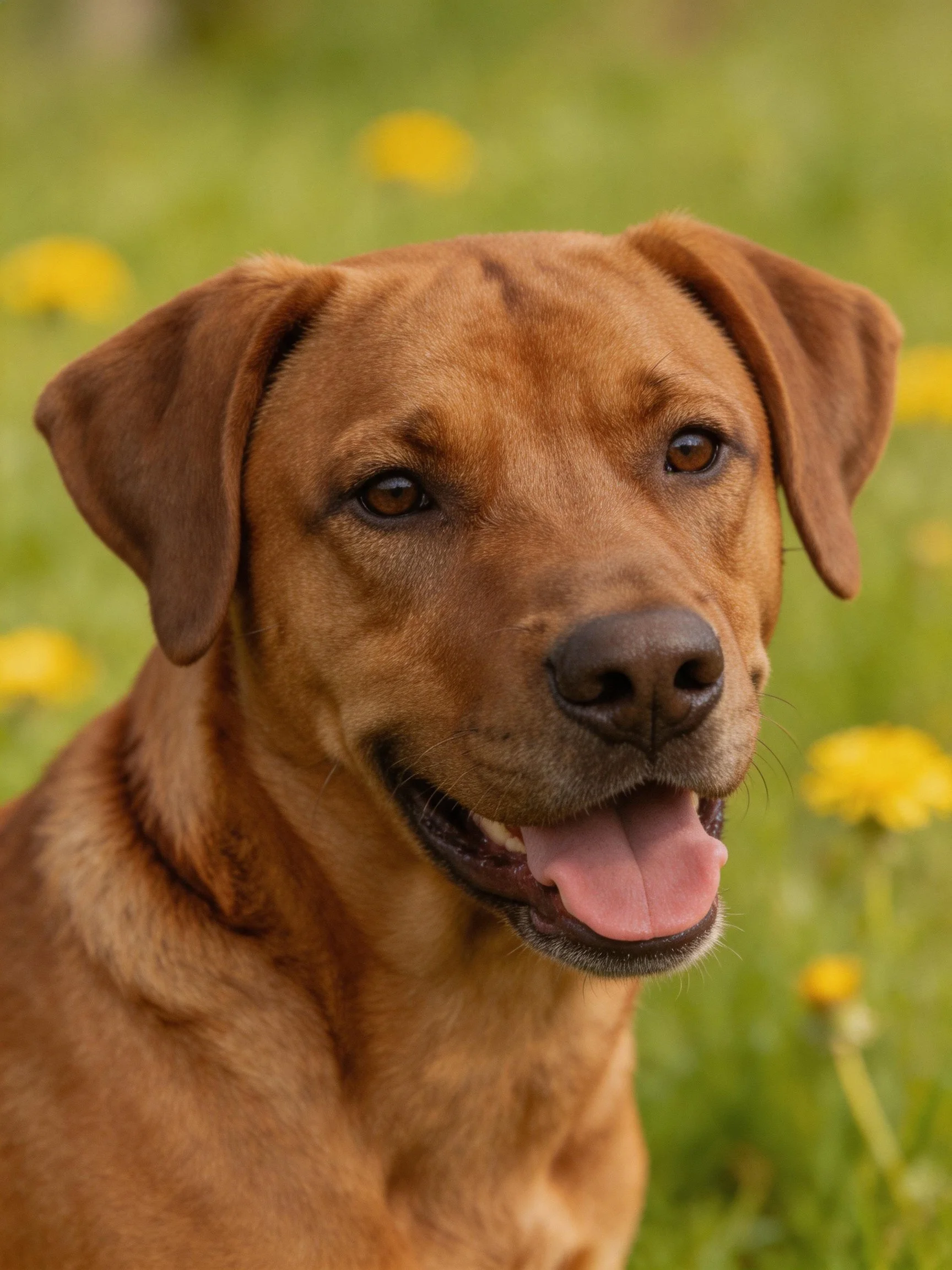 A brown dog smiling in a field with yellow flowers