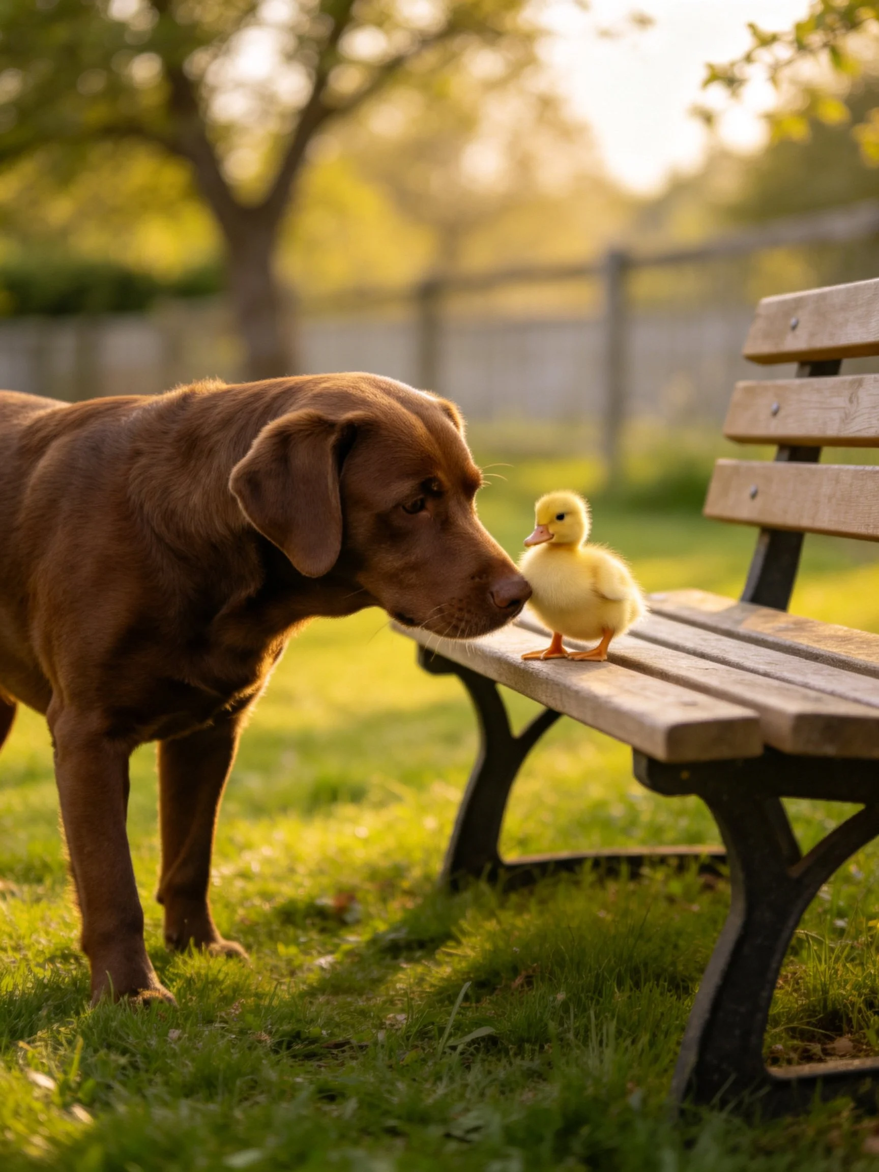 A brown dog sniffs a yellow duckling near a wooden park bench