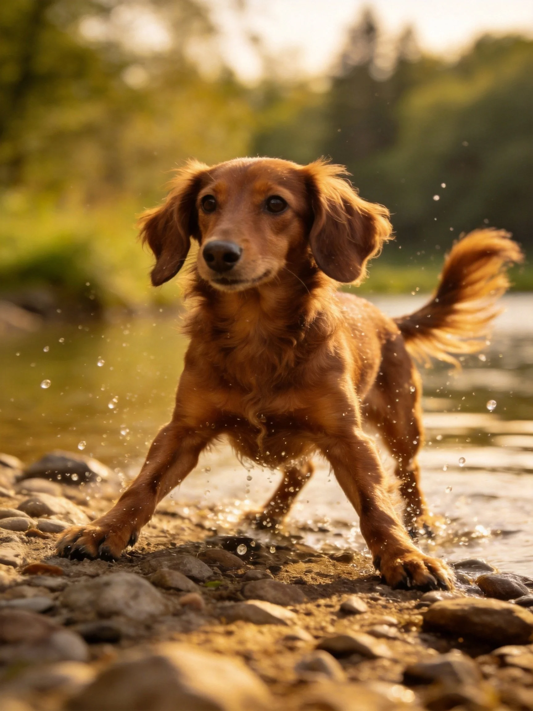 A brown dog splashing in shallow water near rocky shore