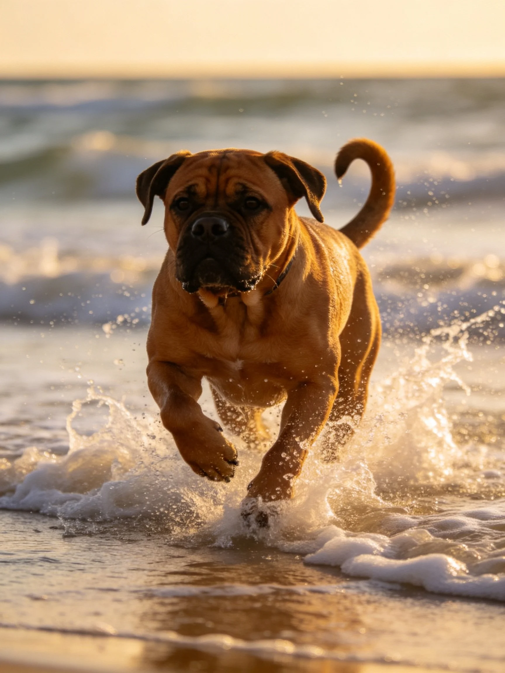 A brown dog sprinting through ocean waves at sunset