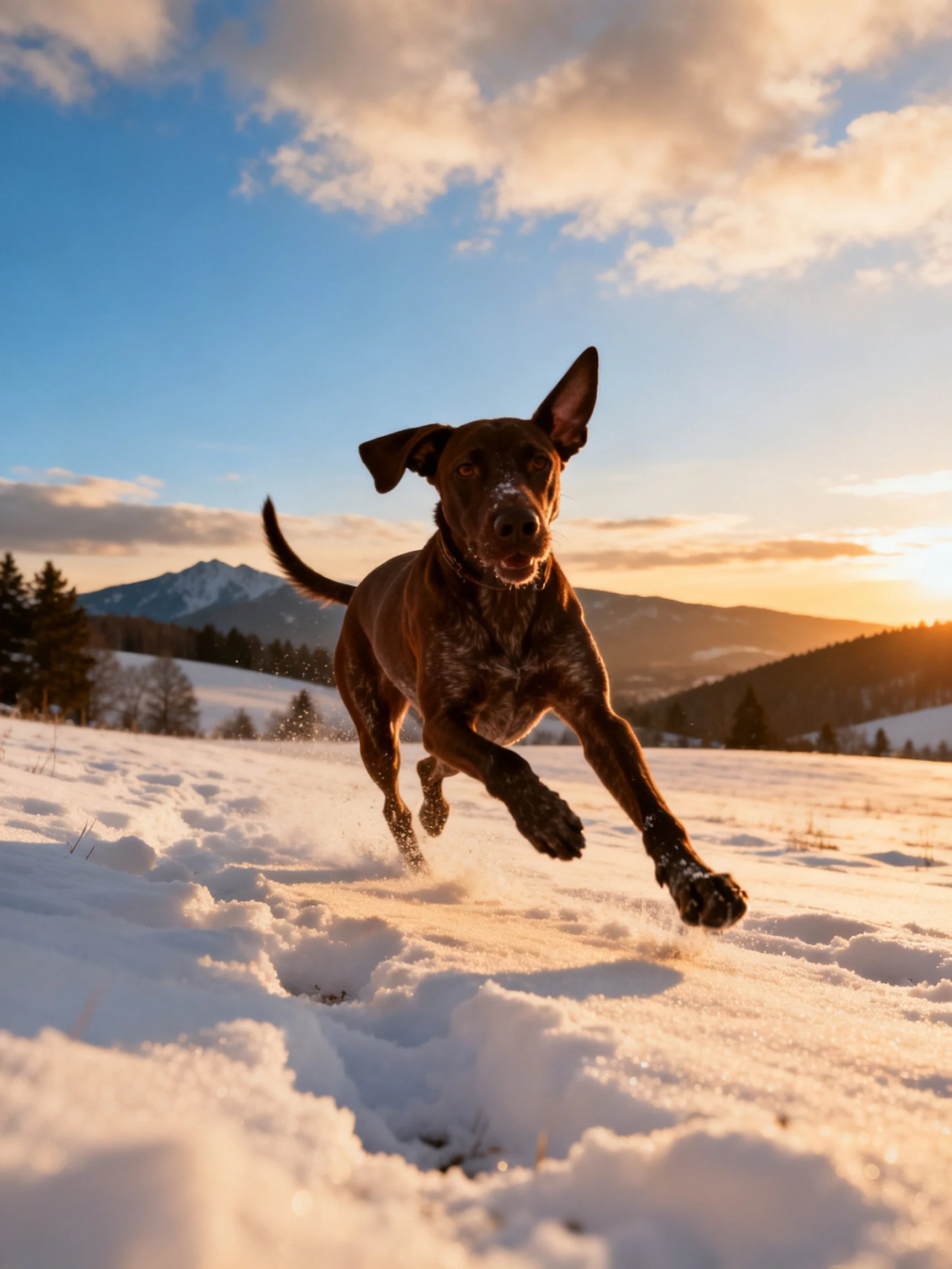 A brown dog sprints through a snow-laden field at sunset