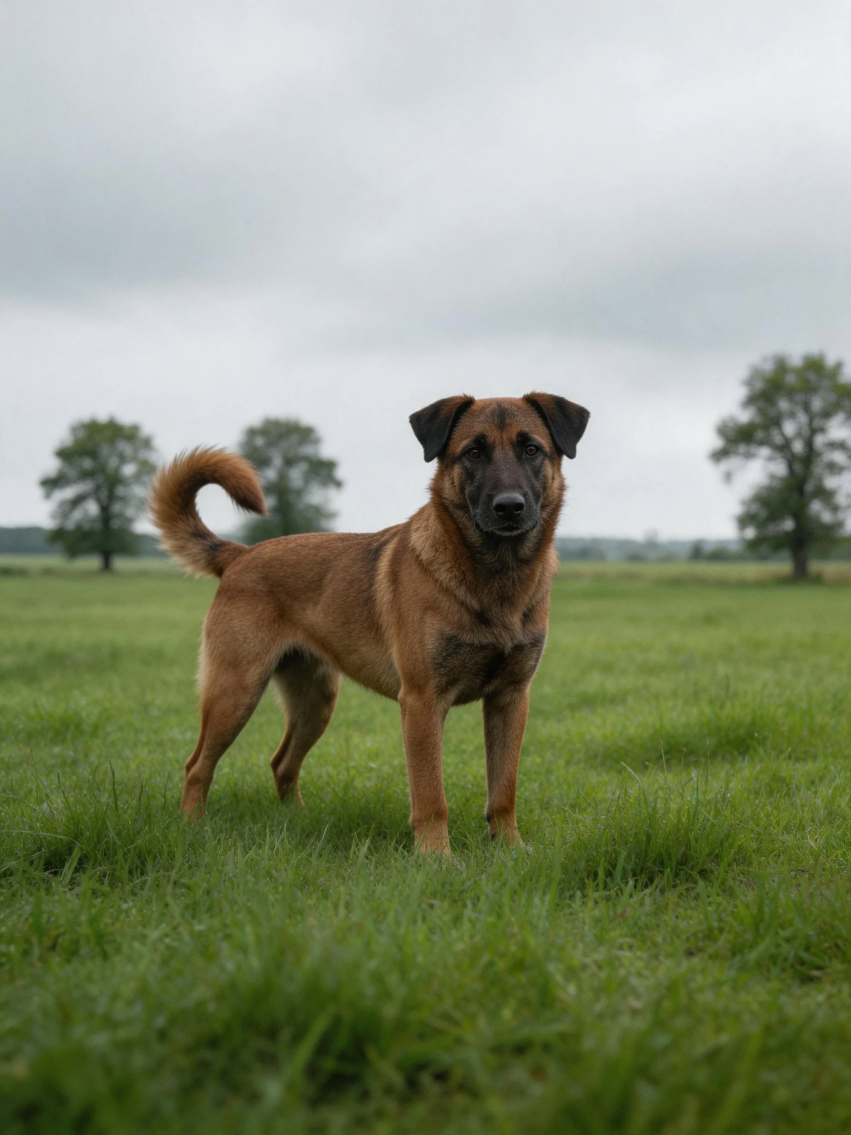 A brown dog stands alert in a green meadow with distant trees.