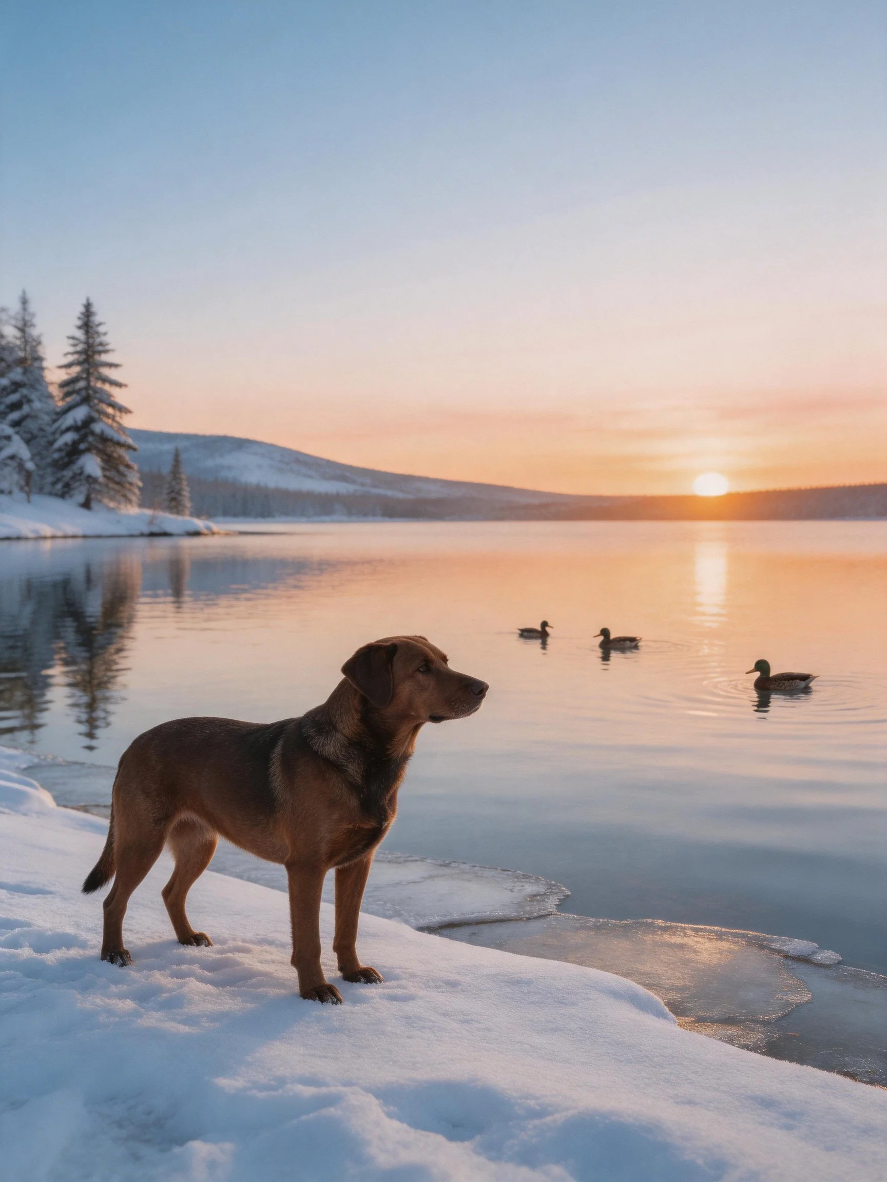 A dog observes ducks swimming in a calm lake during a winter sunset.