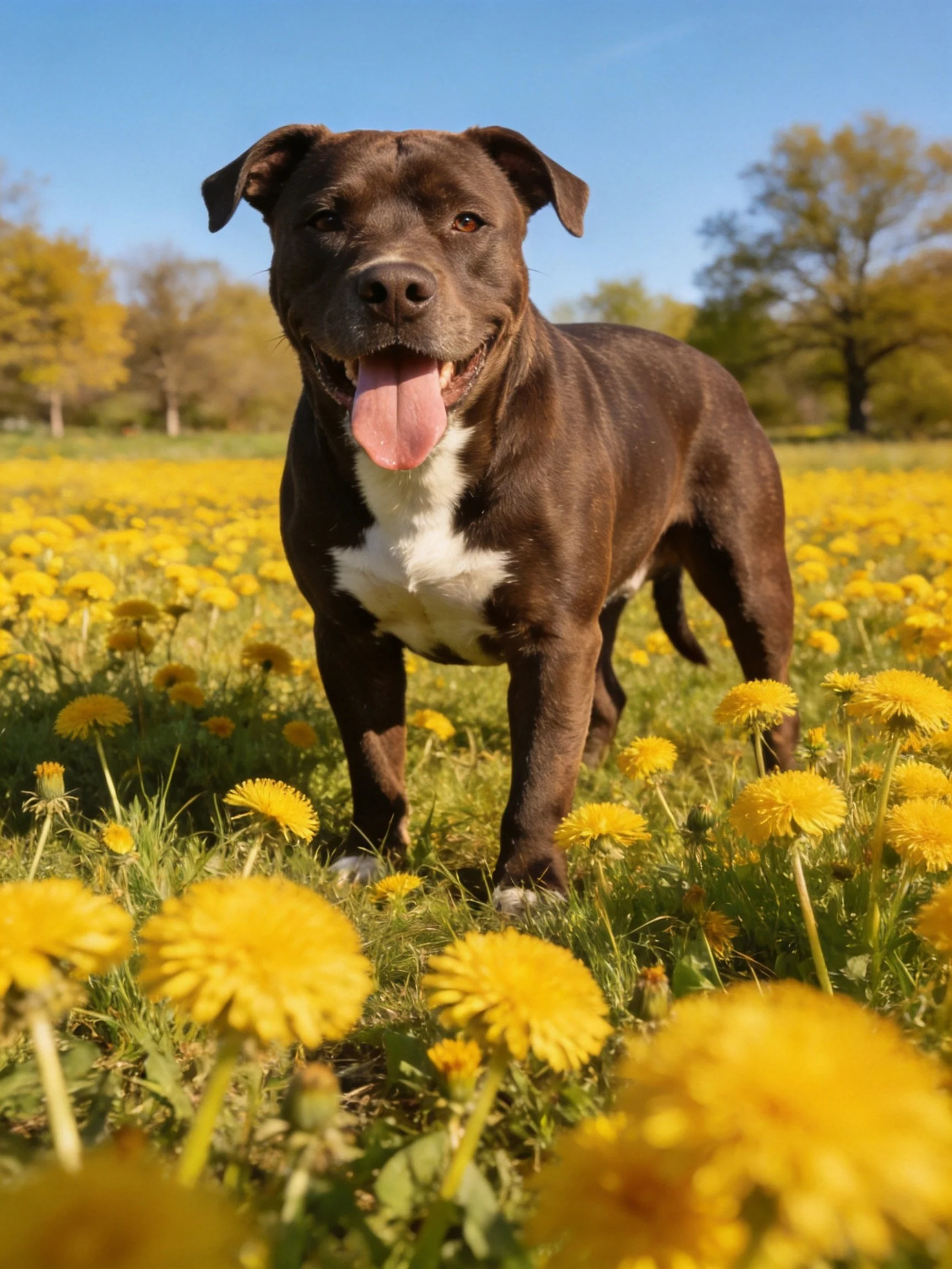 A brown dog enjoys a sunny day among yellow dandelions.