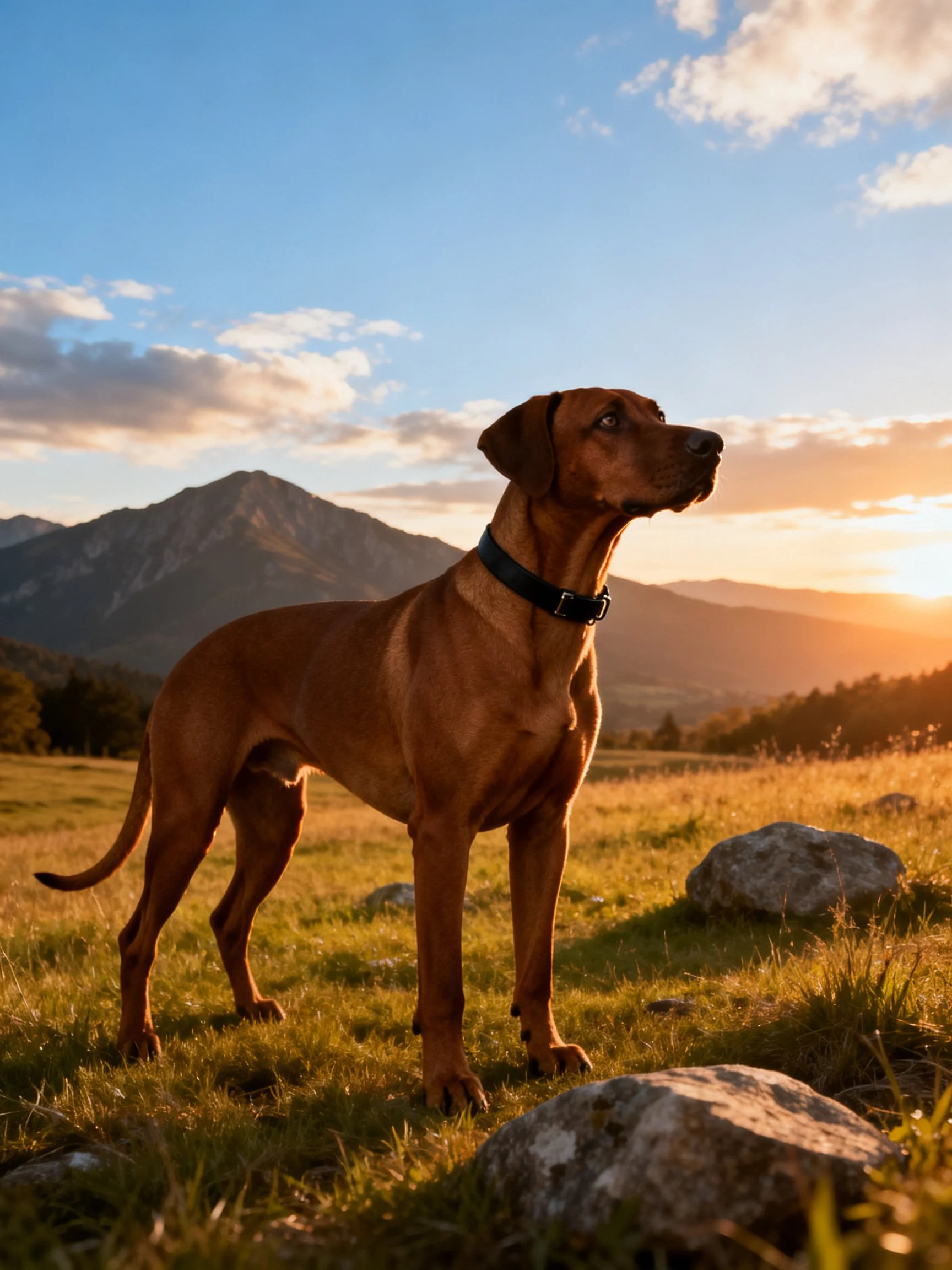 A brown dog stands alert in a sunlit meadow with mountains and rocks during sunset.
