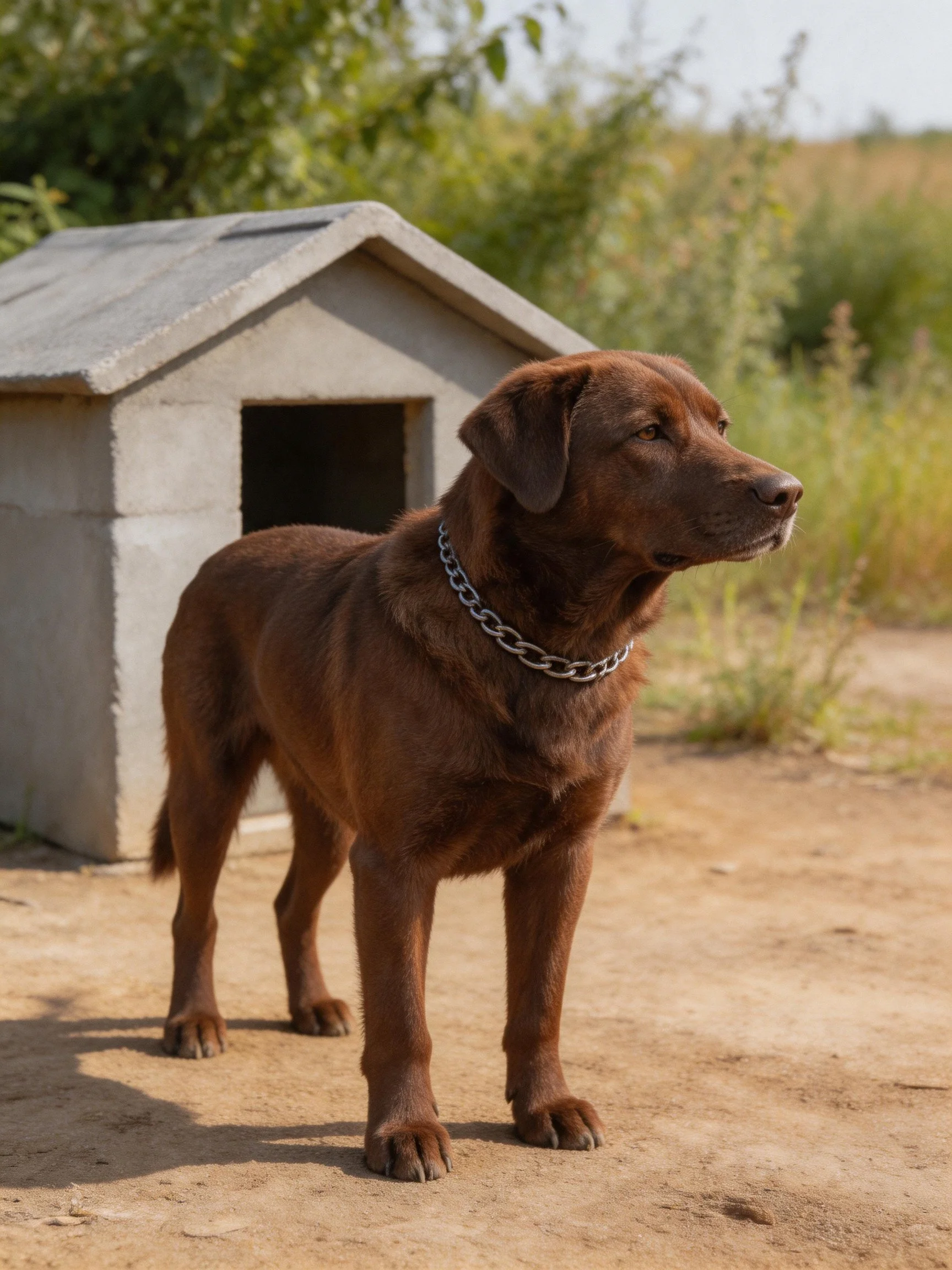 A brown dog stands near a gray concrete doghouse outdoors
