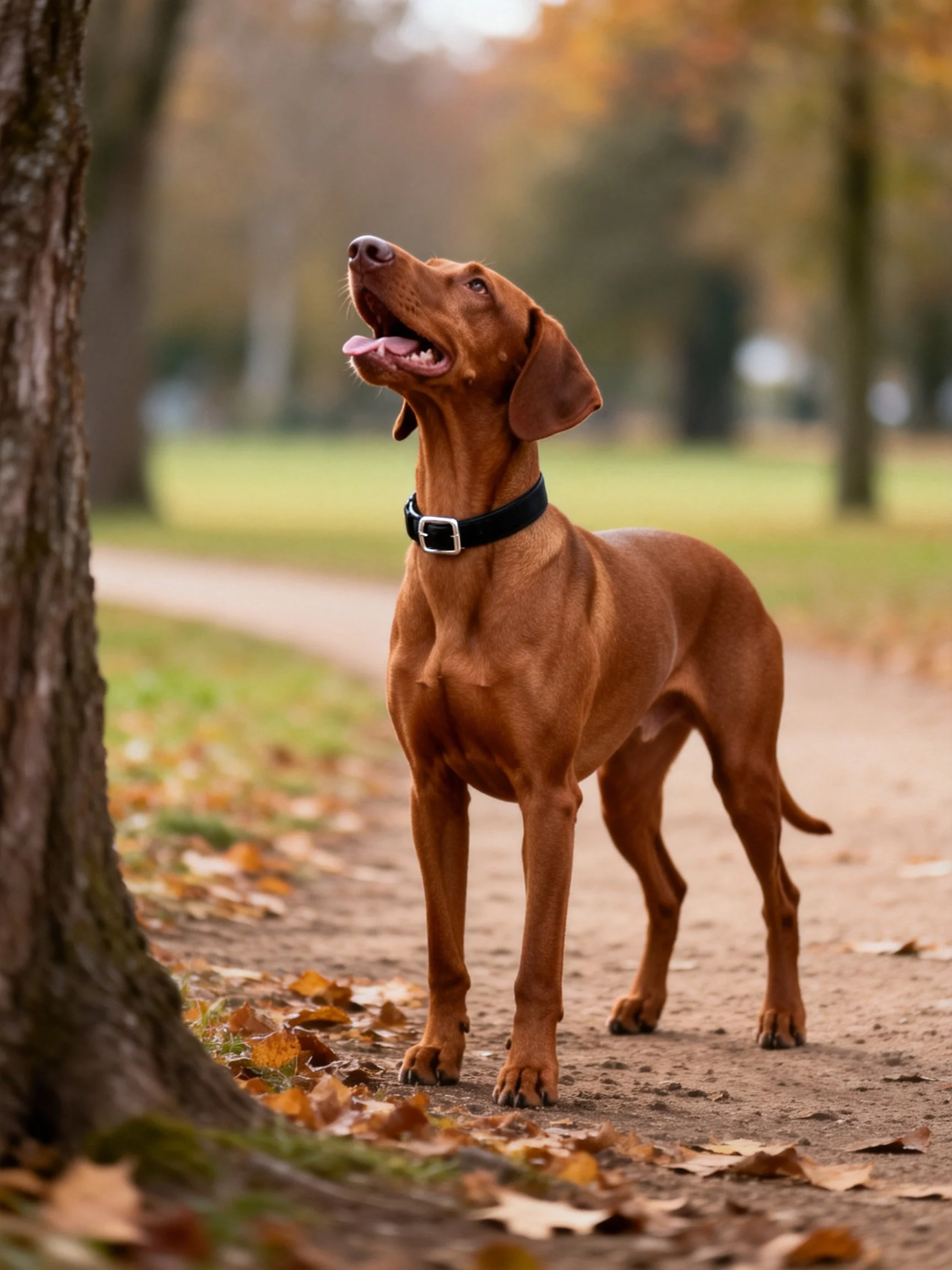 A brown dog stands near a tree in an autumn park