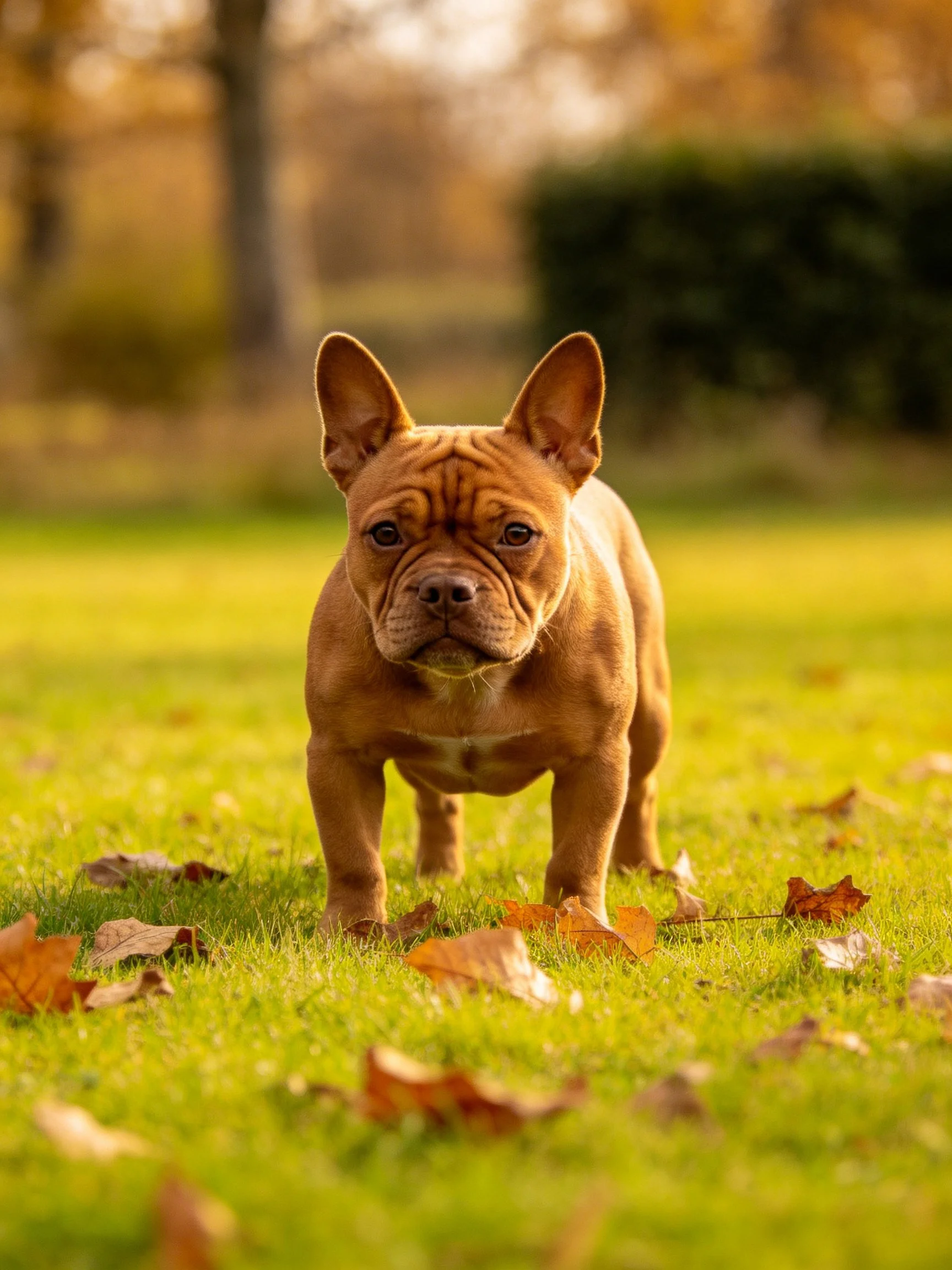 A brown dog stands on a grassy field amid fallen autumn leaves.