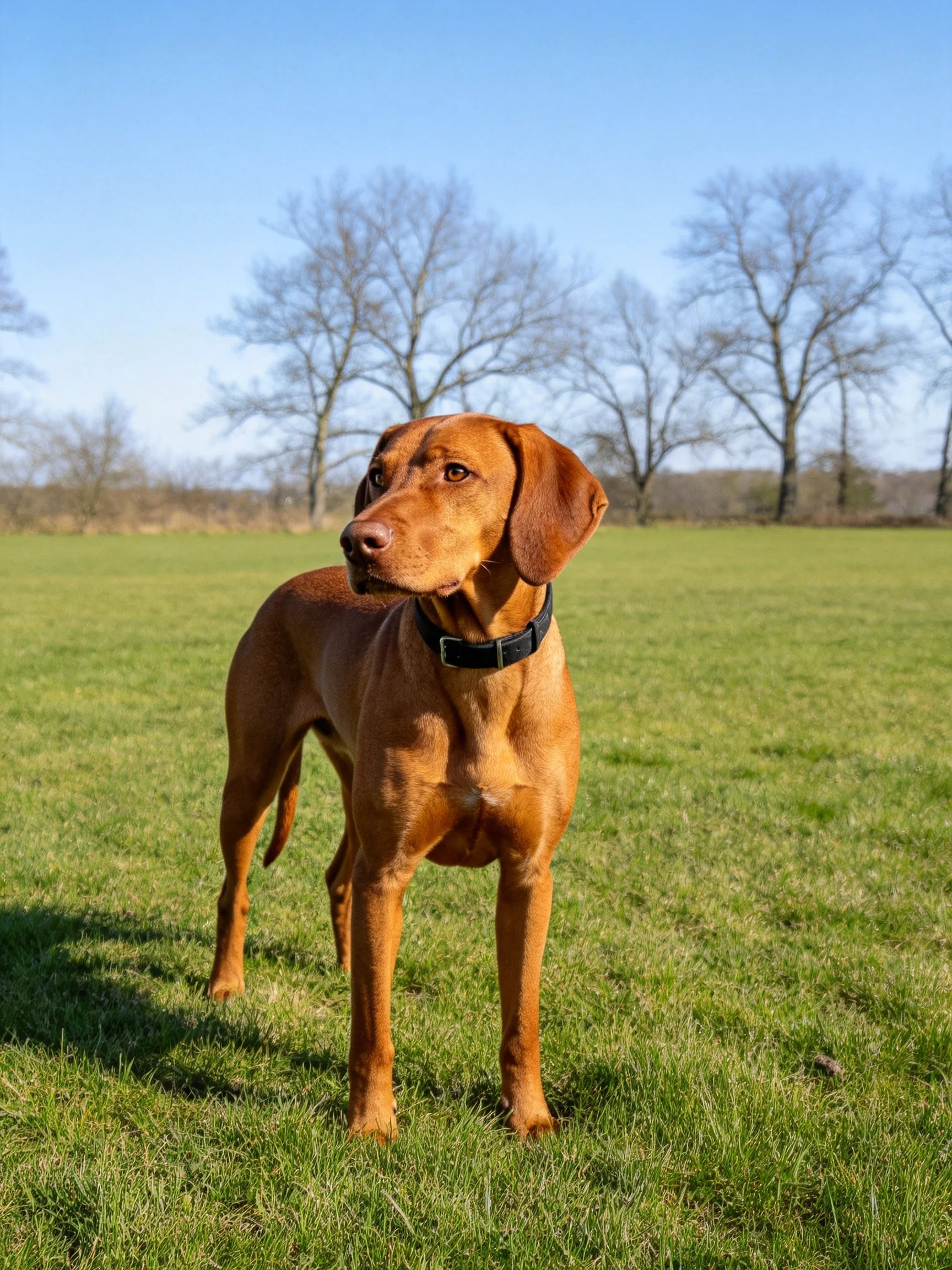 A brown dog stands alert in an open grassy field near trees and a blue sky