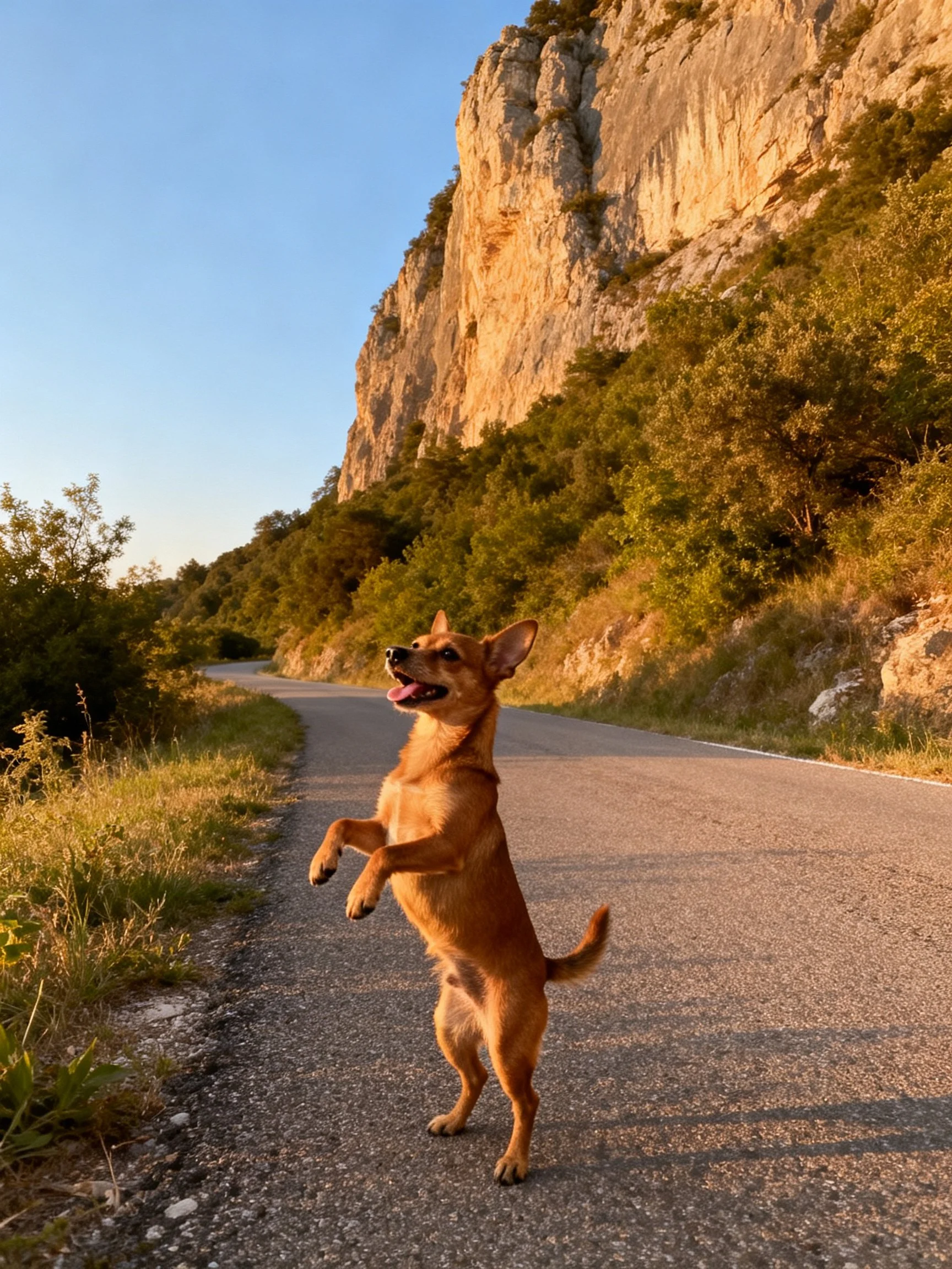 A brown dog stands on a paved road near a rocky cliff