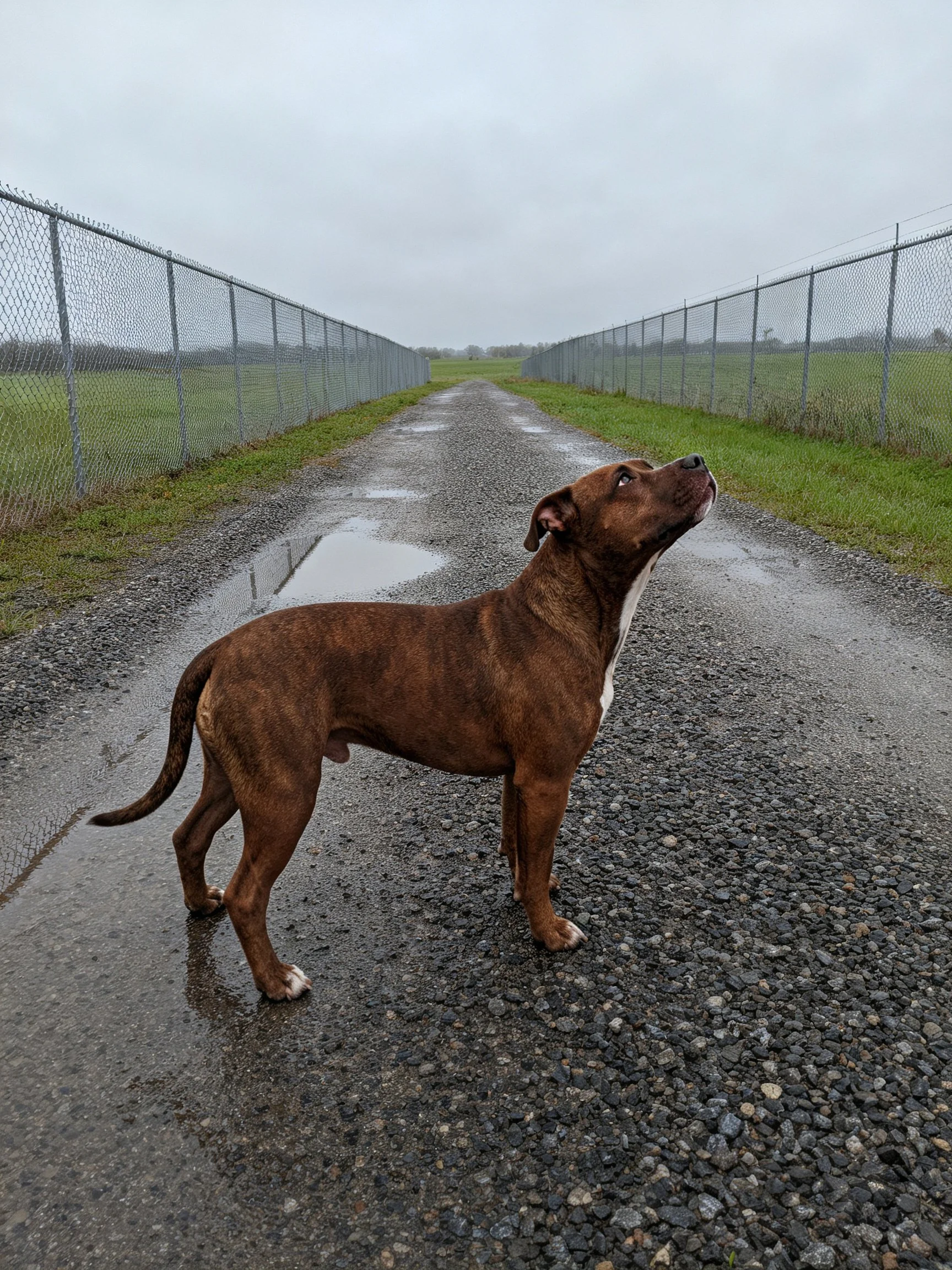 A brown dog stands on a wet gravel path between chain - link fences