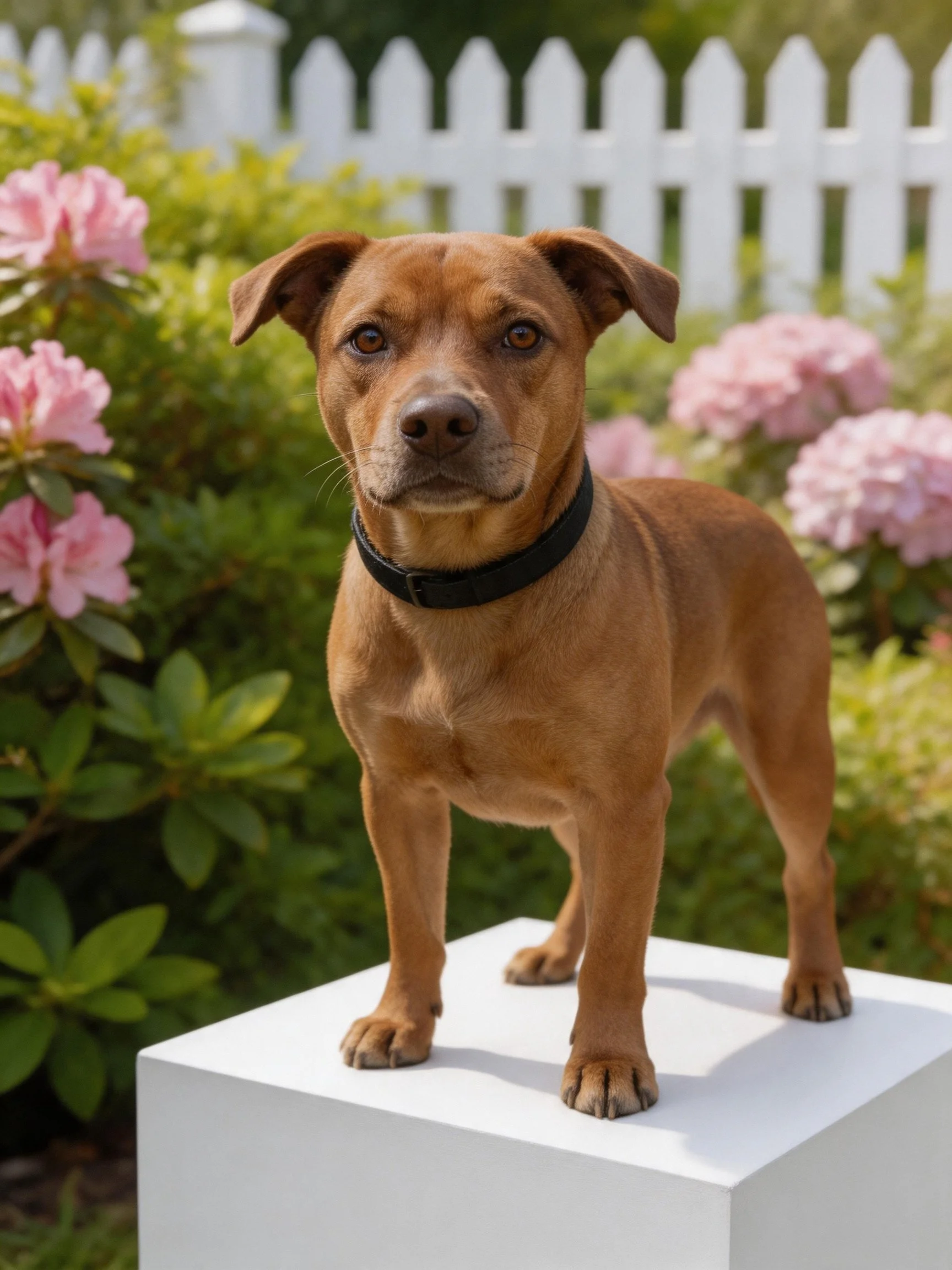 A brown dog stands on a white pedestal in a garden setting with pink flowers and a white fence.