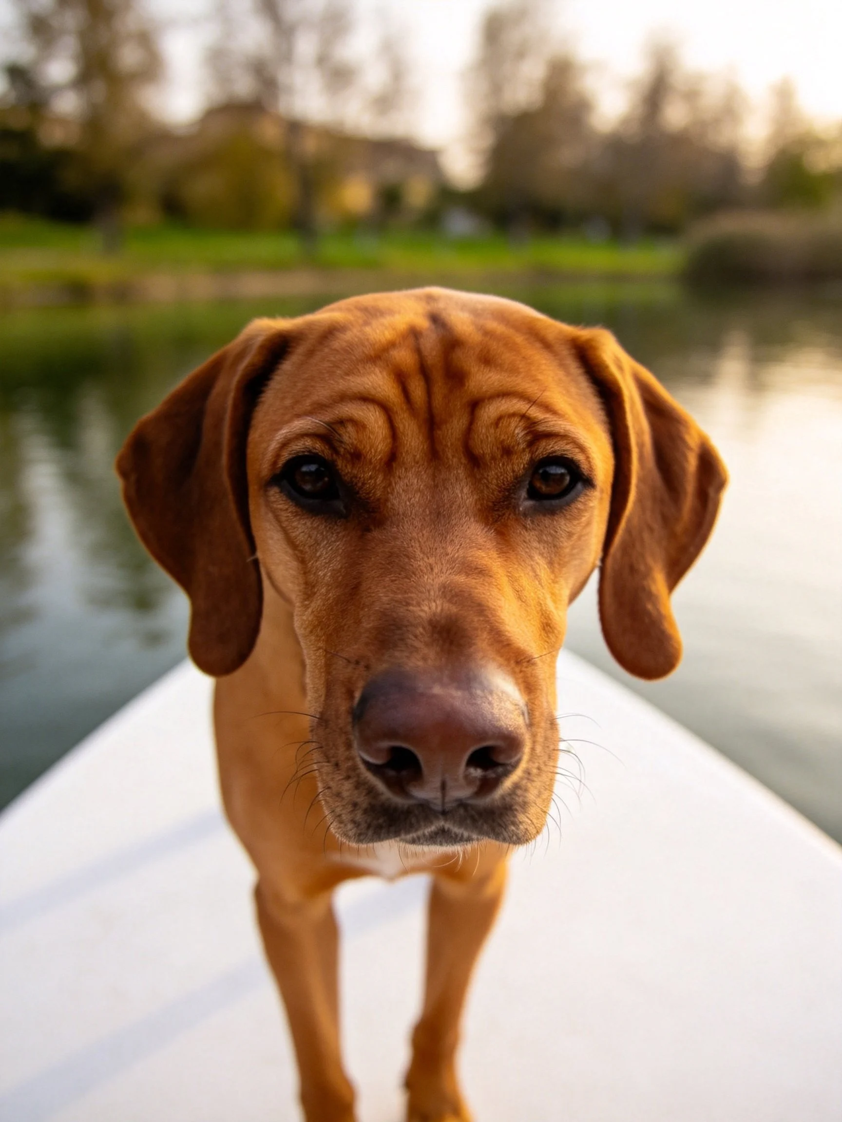 A brown dog stands on a white surface near calm water