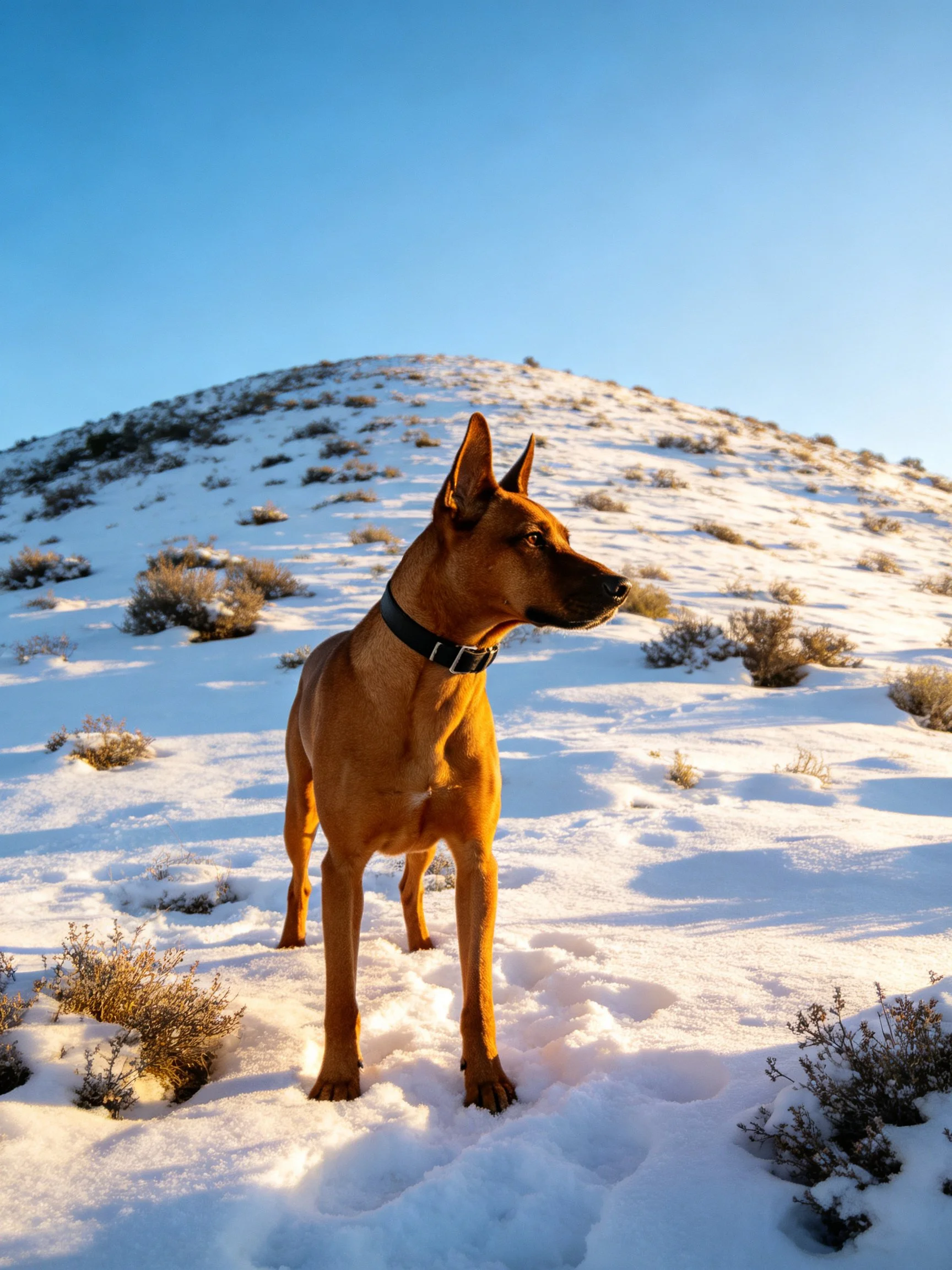 A brown dog stands on snow-covered ground near a snow-covered hill
