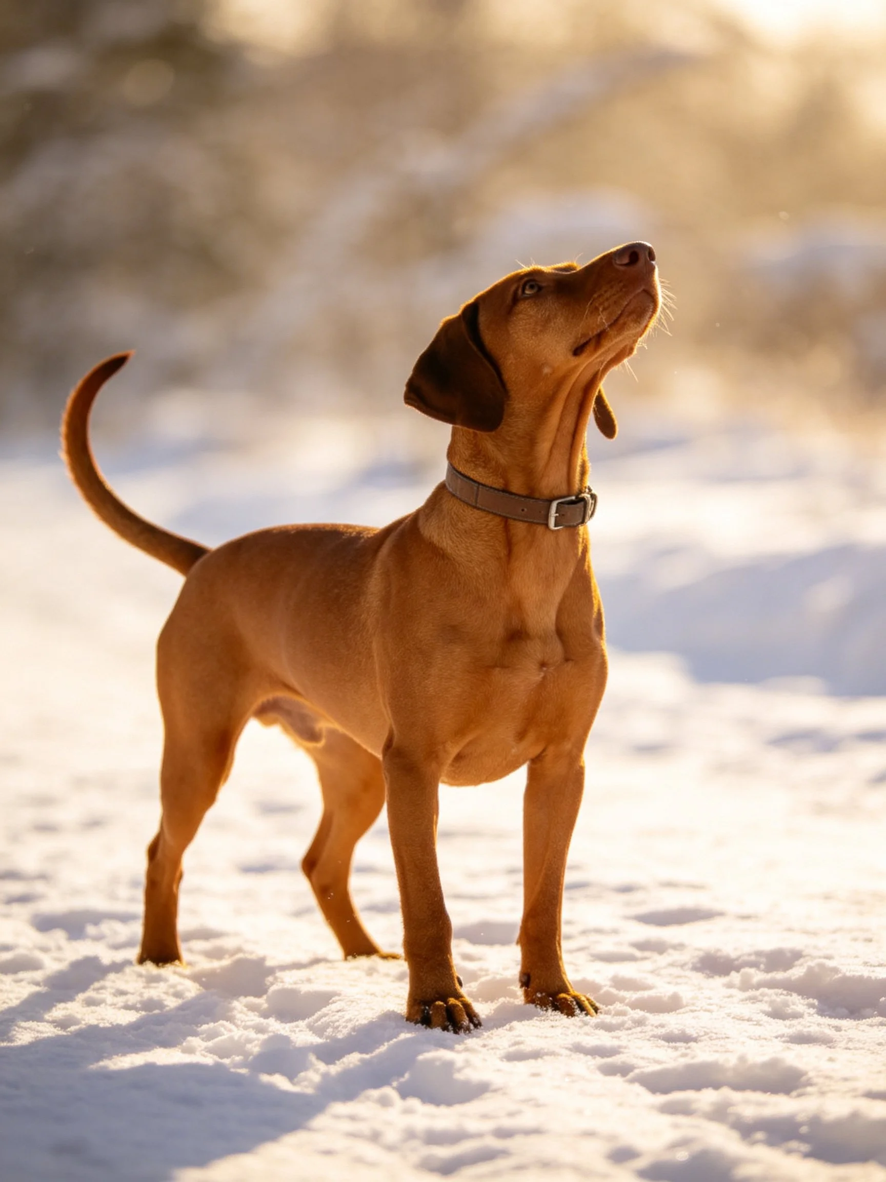A brown dog stands on snowy ground, gazing upward