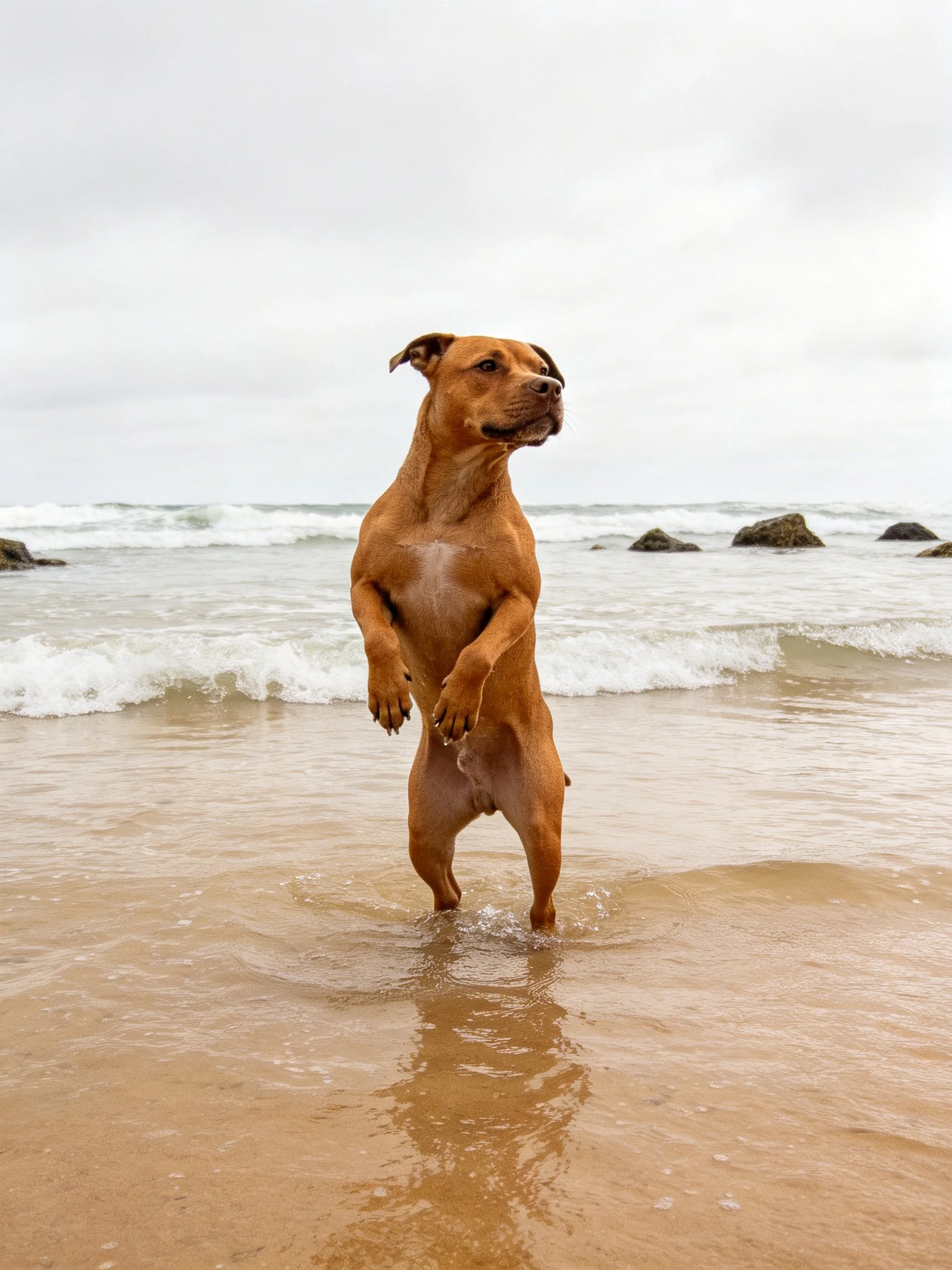 A brown dog stands upright in shallow ocean water at the beach
