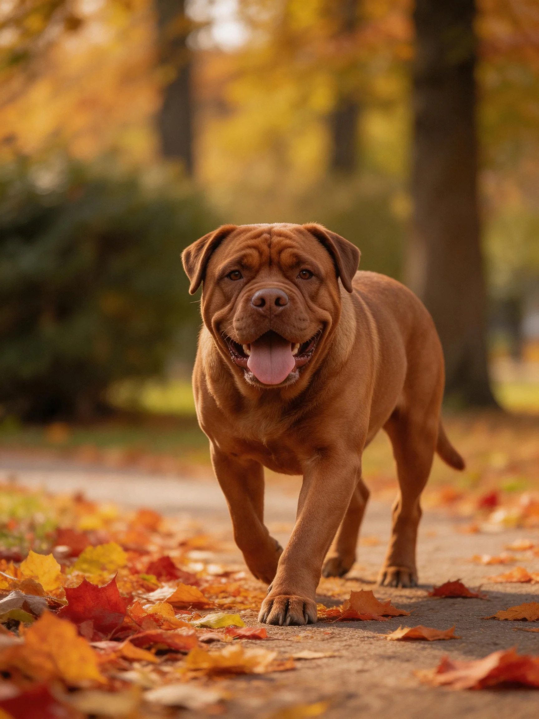 A brown dog strolling among colorful autumn leaves in a park