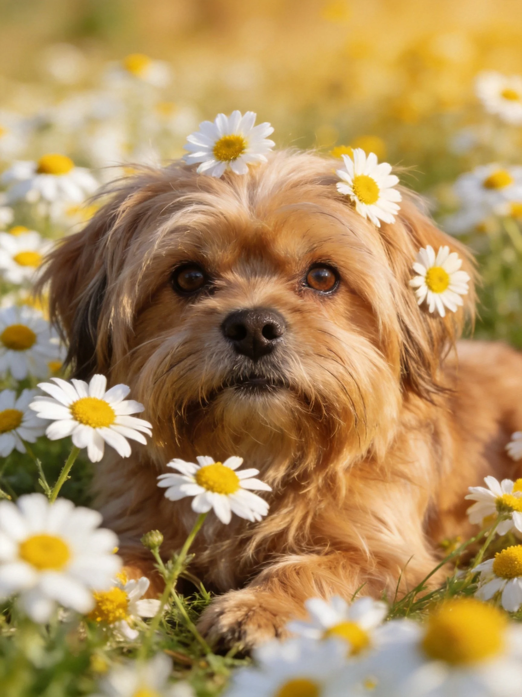 A brown dog lies among daisy flowers in a sunny outdoor setting.