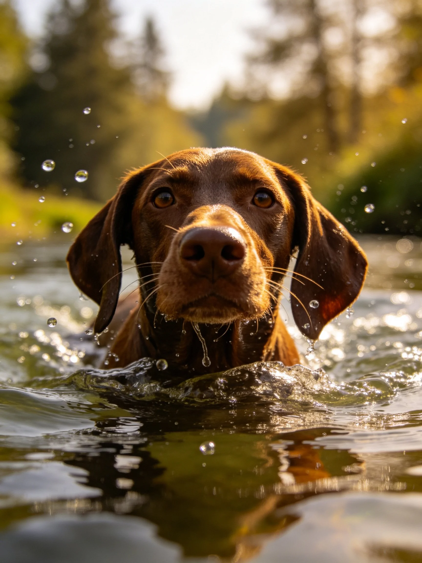 A brown dog swims in a sunlit stream with water droplets nearby.