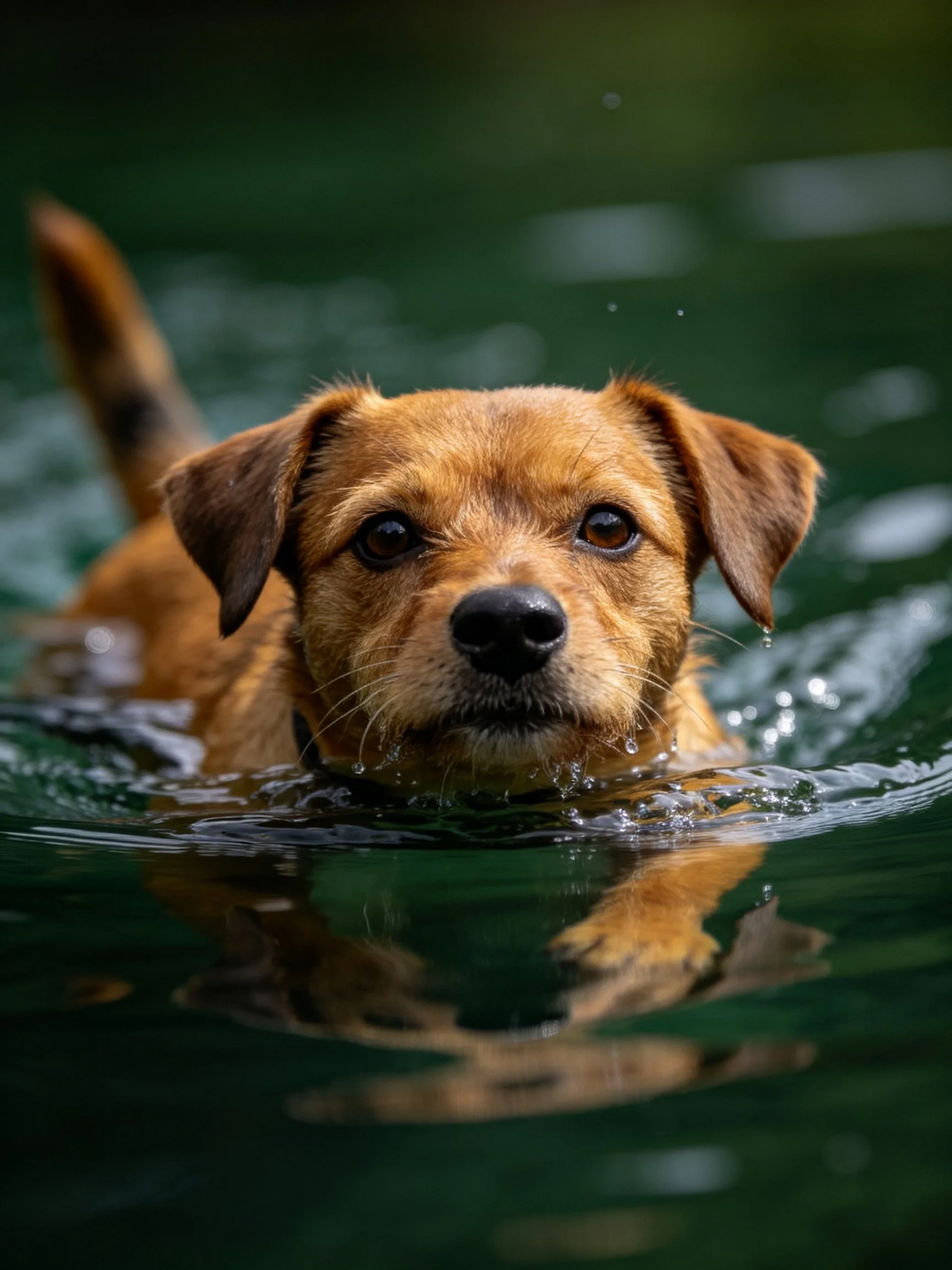 A brown dog swims in green water, creating ripples around it